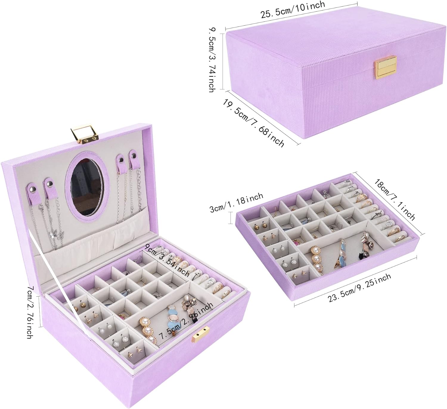 Jewelry Organizer Box, 2-Layer Large Velvet Jewelry Organizer