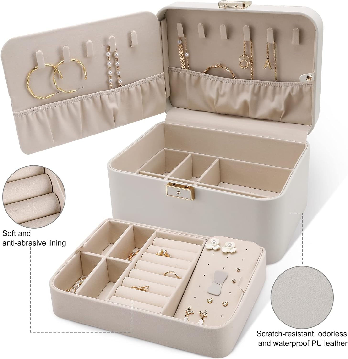 2 Layer Jewelry Organizer Box ,Luxury Leather & Soft Velvet Lined