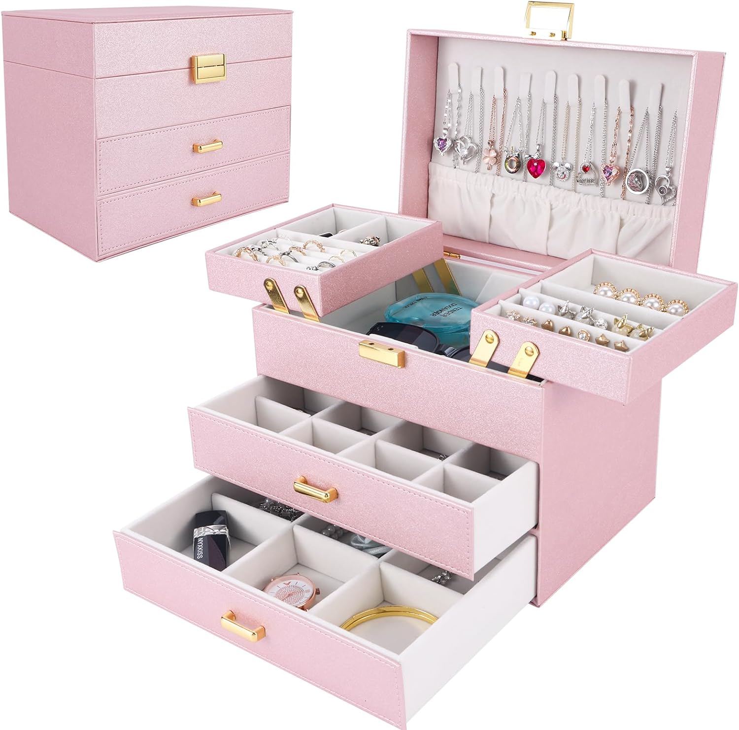 Jewelry Organizer Box for Women Girls, Jewelry Holder Organizer, 4 Layers Leather Jewelry Box