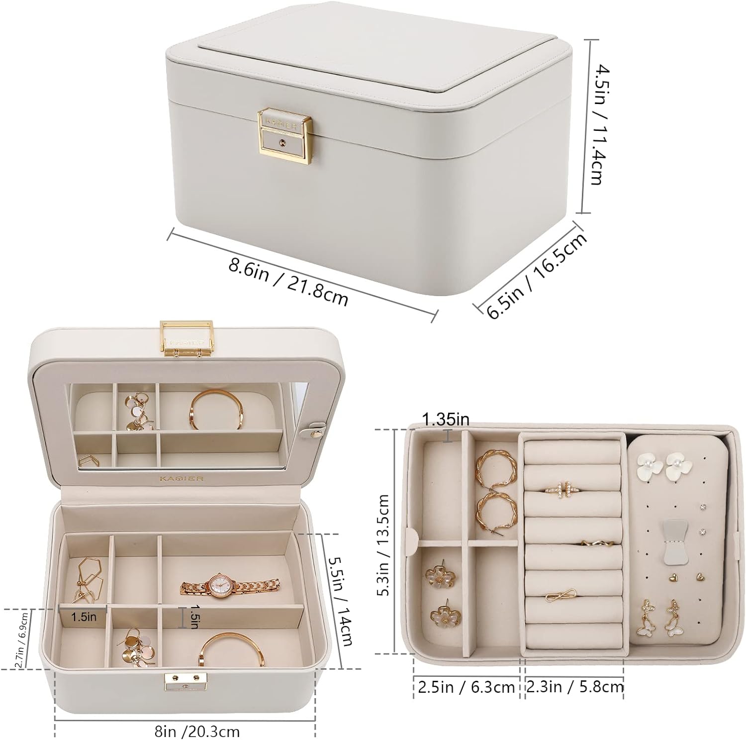 2 Layer Jewelry Organizer Box ,Luxury Leather & Soft Velvet Lined