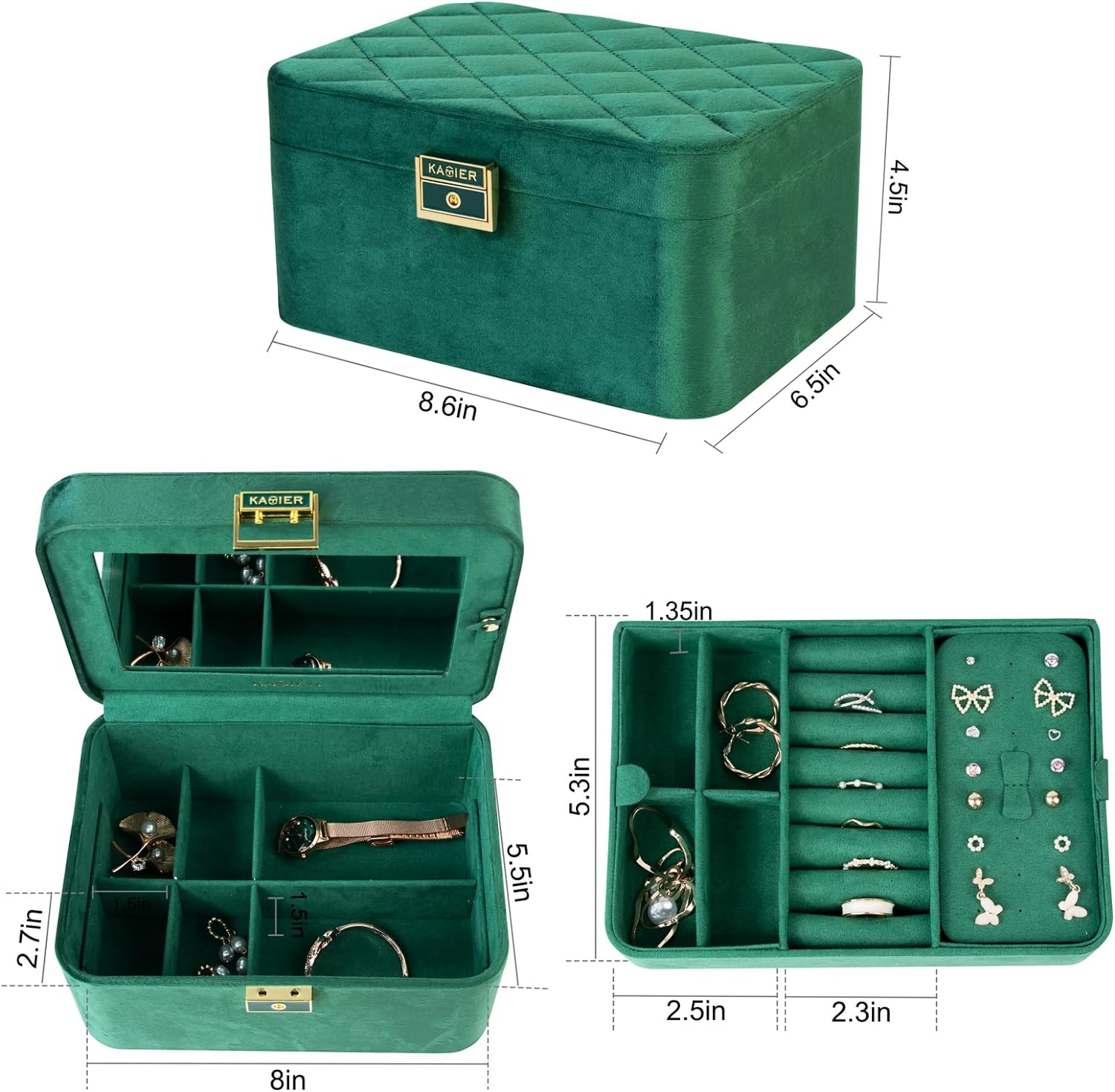 2 Layer Jewelry Organizer Box ,Luxury Leather & Soft Velvet Lined