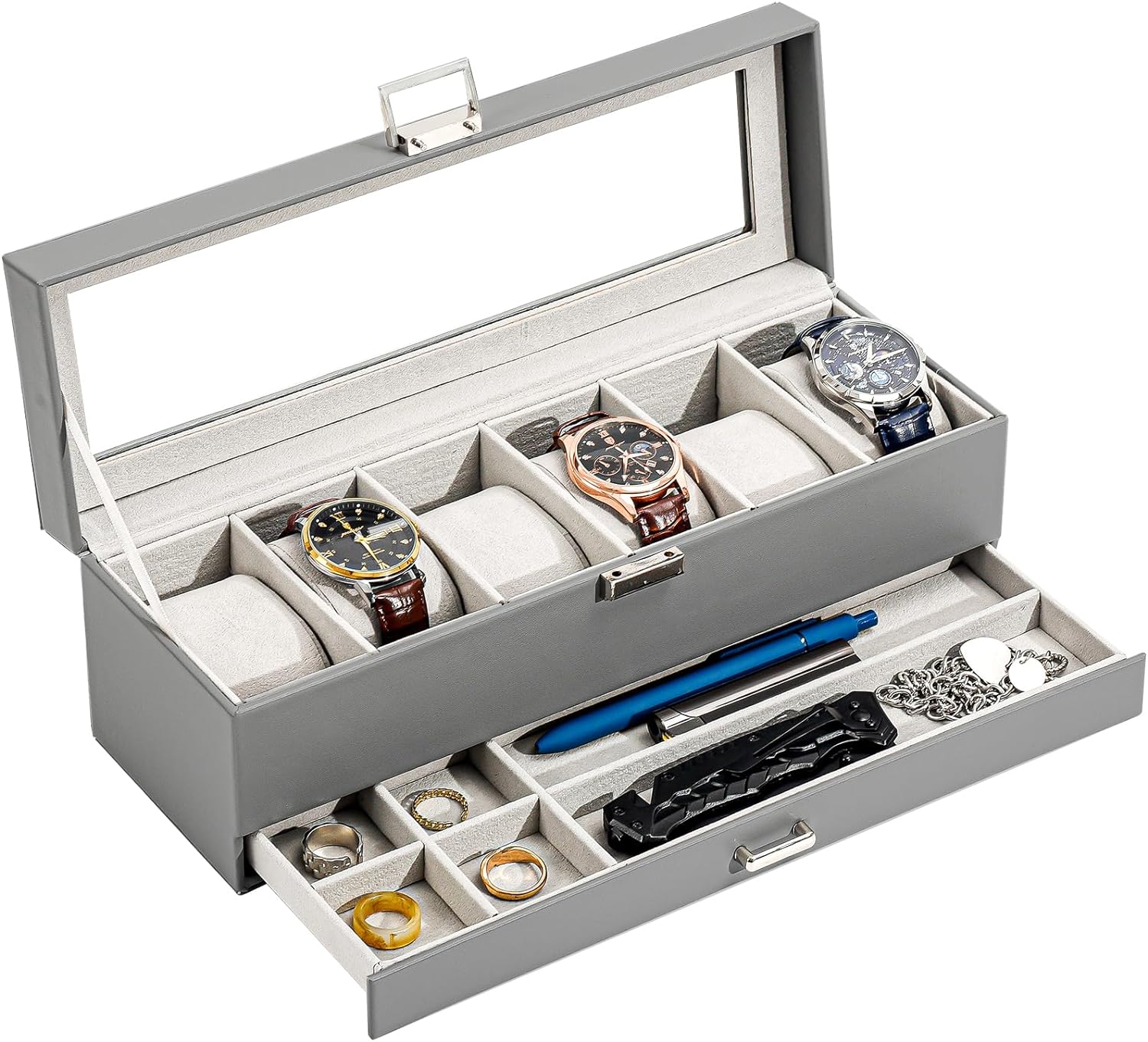 6 Slot Watch Display Case with Drawer, layer Jewelry and Watch Storage Case