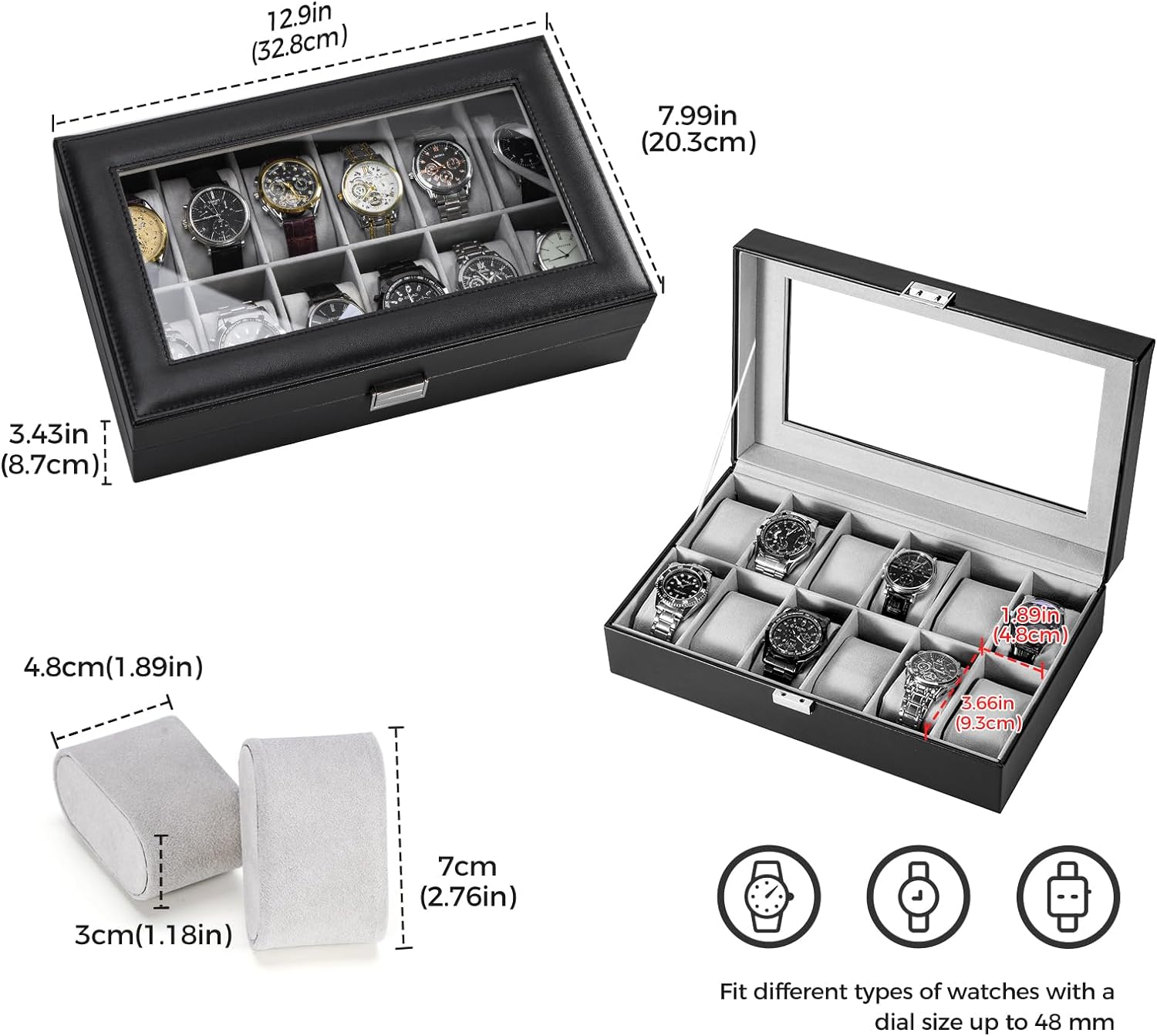 Watch Box for Men, 6 Slot Watch Display Case Mens Watch Box Organizer, PU Leather Watch Cases for Men Watch Storage, Valentines Gift Watch Holder Organizer with Glass Lid -6 Slot,