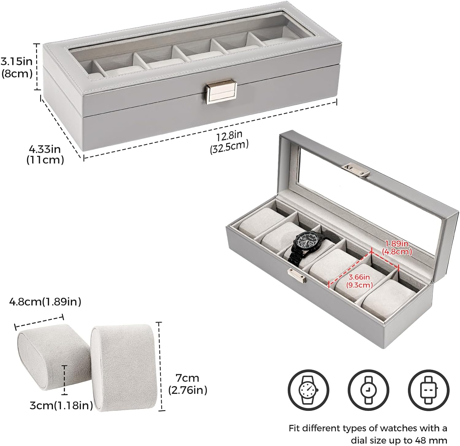 Watch Box for Men, 6 Slot Watch Display Case Mens Watch Box Organizer, PU Leather Watch Cases for Men Watch Storage, Valentines Gift Watch Holder Organizer with Glass Lid -6 Slot,