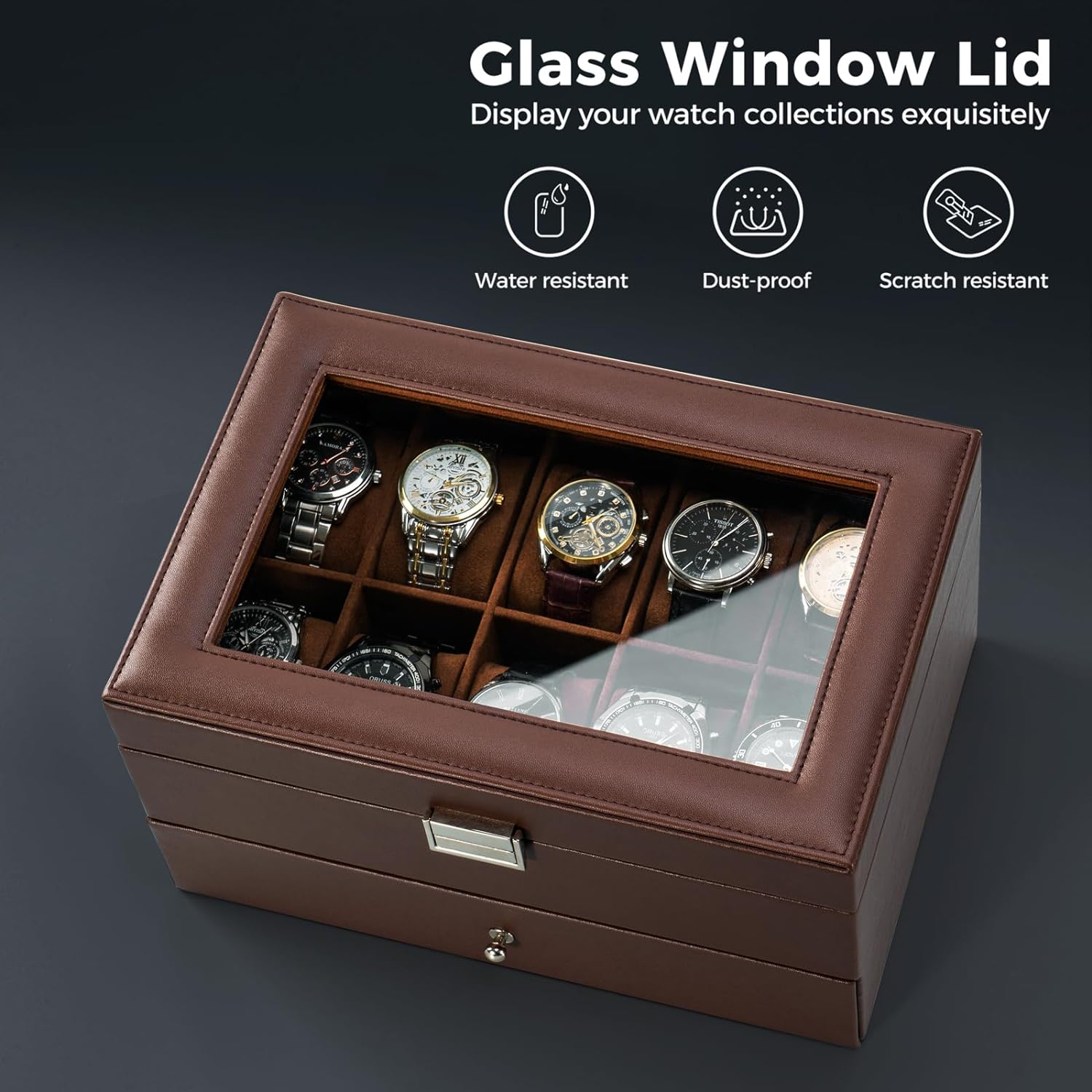 Watch Box for Men, 6 Slot Watch Display Case Mens Watch Box Organizer, PU Leather Watch Cases for Men Watch Storage, Valentines Gift Watch Holder Organizer with Glass Lid -6 Slot,