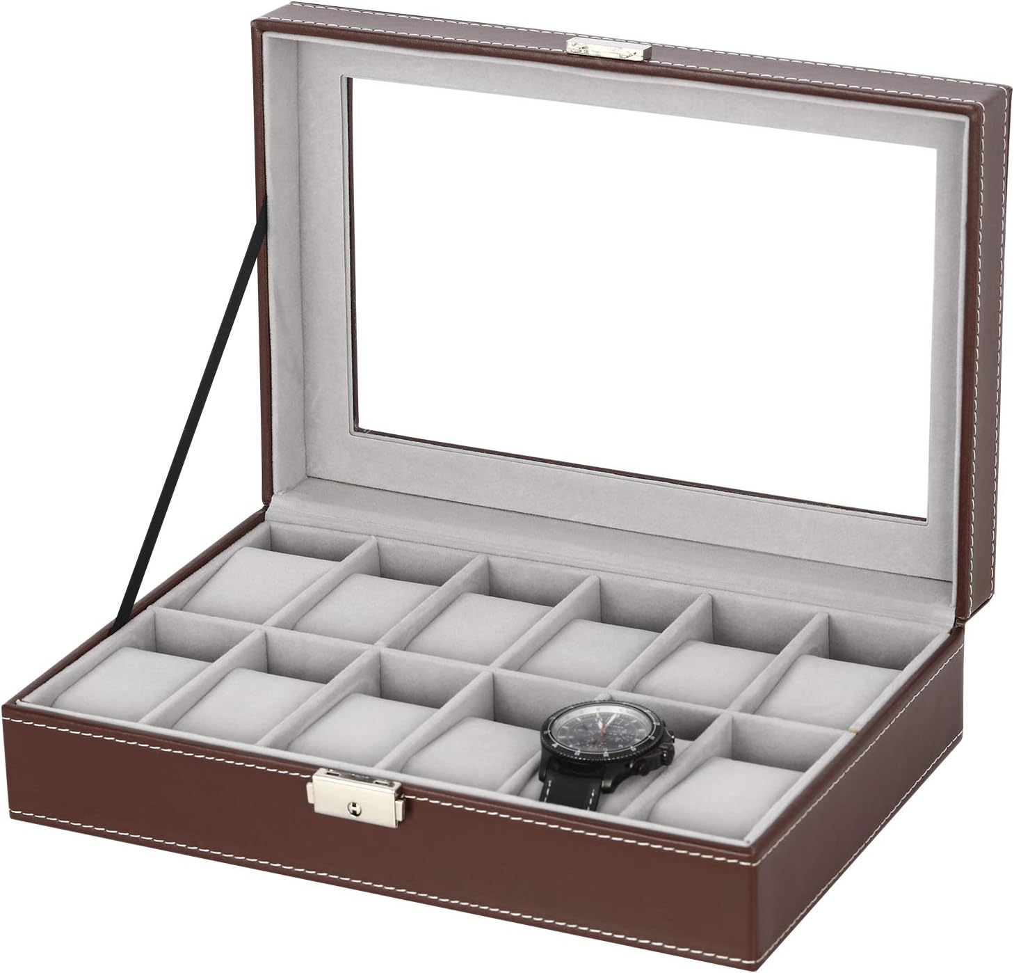 Watch Box, 12-Slot Leather Watch Case Organizer Watch Holder for Men, Glass Top