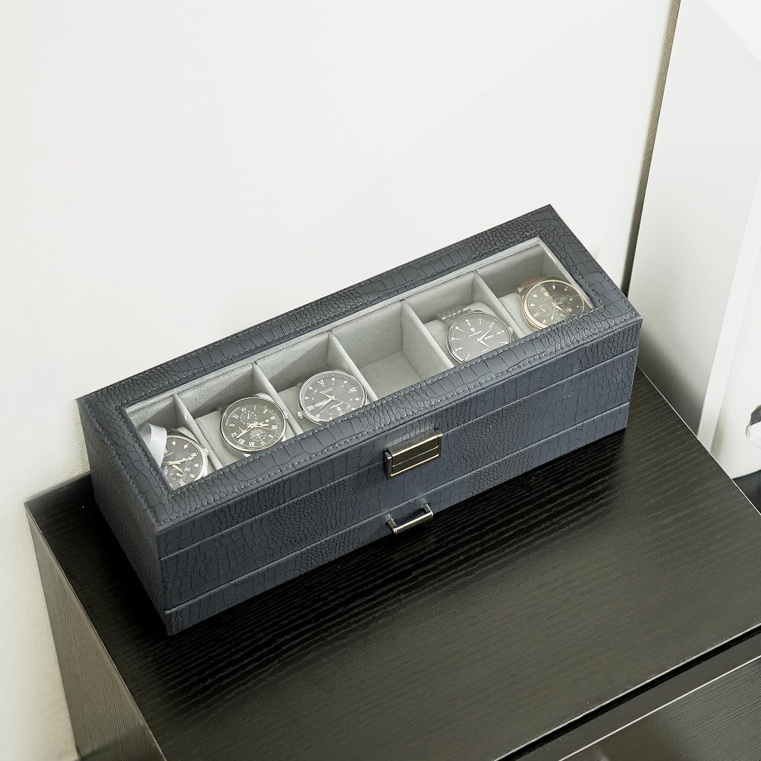 6 Slot Watch Display Case with Drawer, layer Jewelry and Watch Storage Case