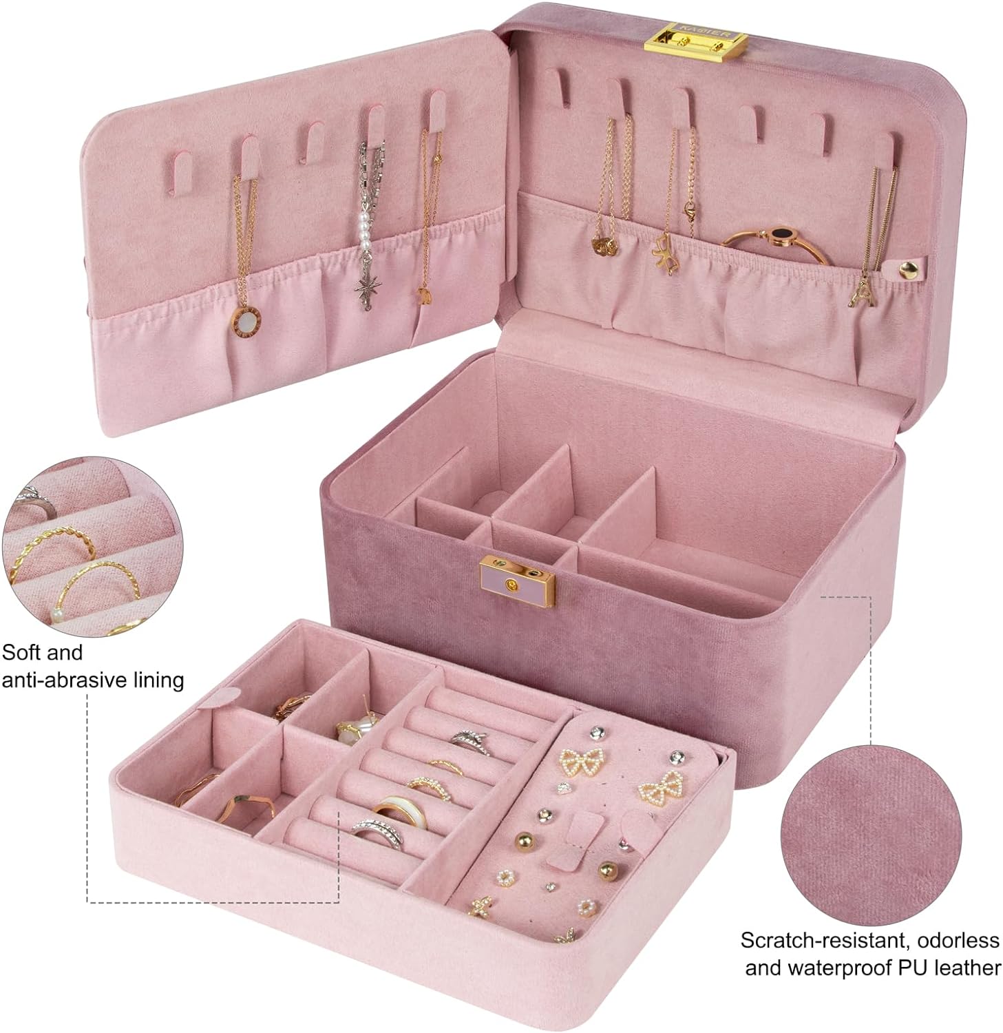 2 Layer Jewelry Organizer Box ,Luxury Leather & Soft Velvet Lined