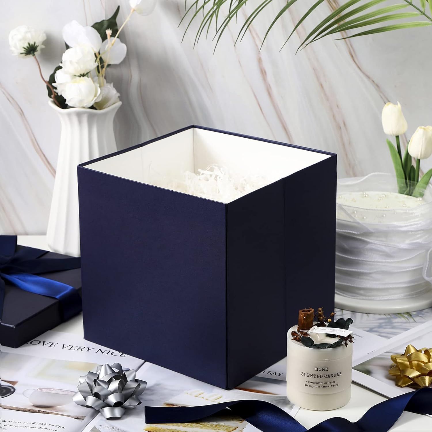 Medium Birthday Gift Box with Lids, Ribbon and Tissue Paper, Collapsible Gift Box - 1 Pcs, 10x10x10 Inches, White