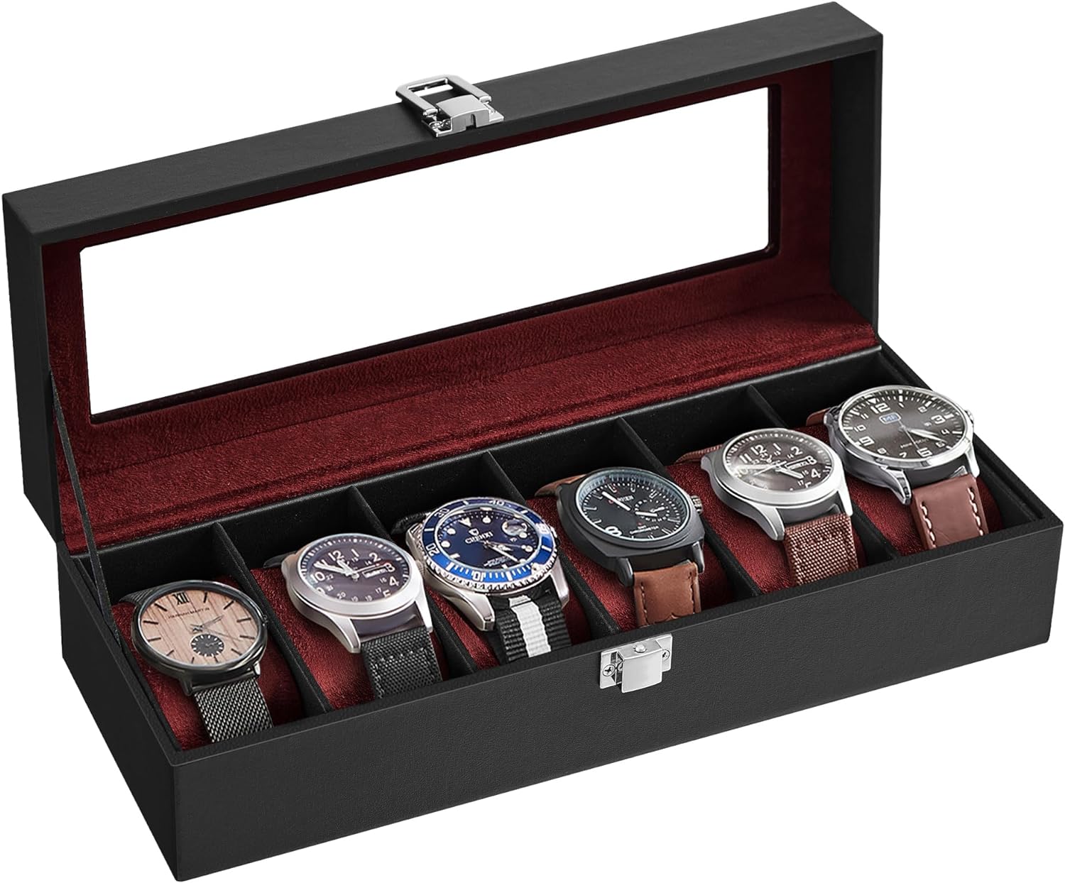 12-Slot Black Synthetic Leather Watch Box with Large Glass Lid and Removable Watch Pillows