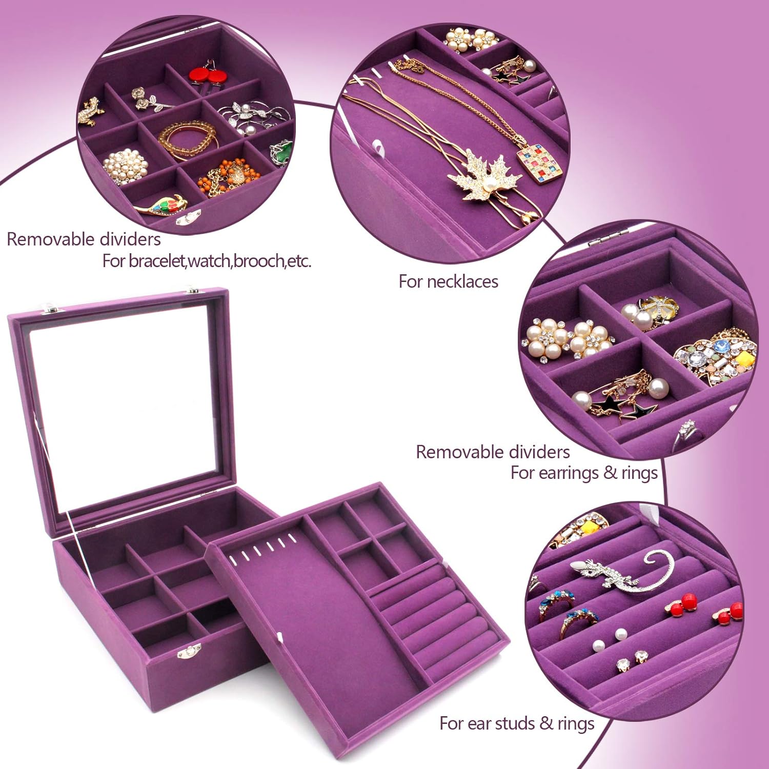 Jewelry Box with Glass Lid Two-Layer Jewelry Box Organizer Display Storage case