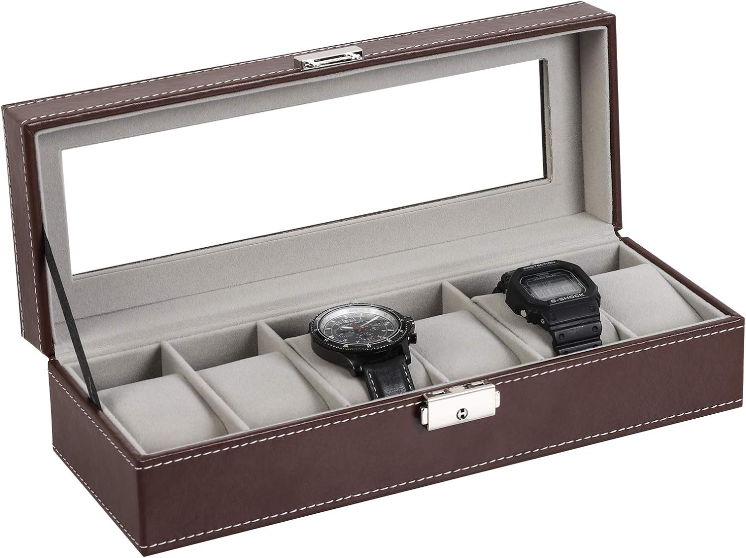 6 Slot Leather Watch Box Display Case Organizer Glass Jewelry Storage Black