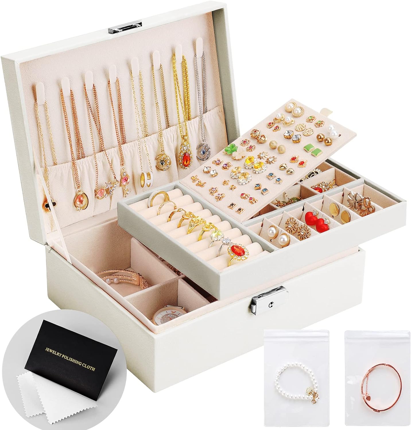 Leather Jewelry Box  Gift Earring Organizer Double Layers Jewelry Case Removable Tray for Necklace Earring Ring