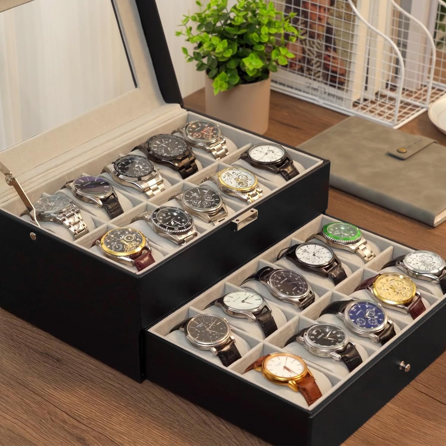 Watch Box for Men, 6 Slot Watch Display Case Mens Watch Box Organizer, PU Leather Watch Cases for Men Watch Storage, Valentines Gift Watch Holder Organizer with Glass Lid -6 Slot,