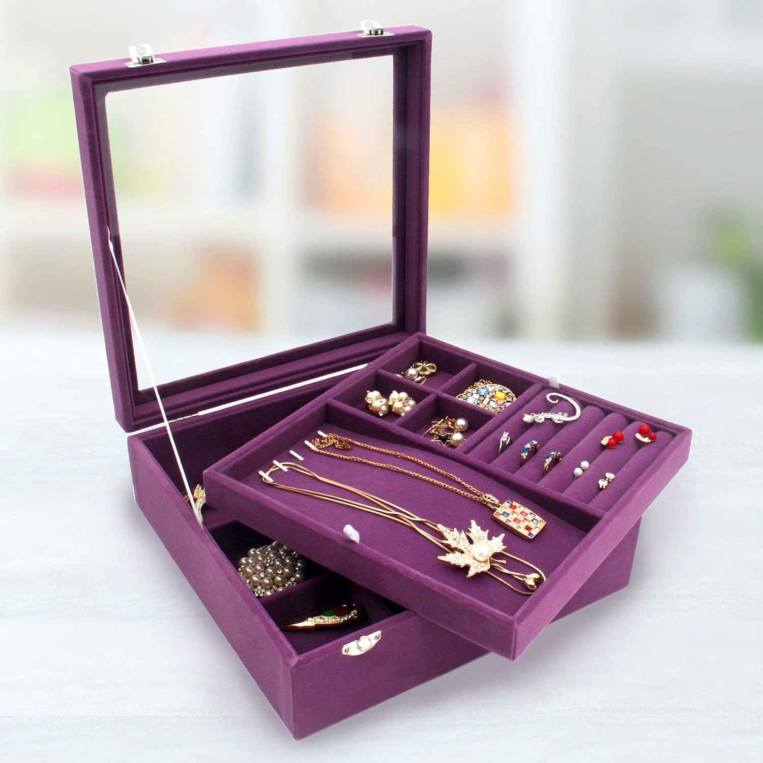 Jewelry Box with Glass Lid Two-Layer Jewelry Box Organizer Display Storage case