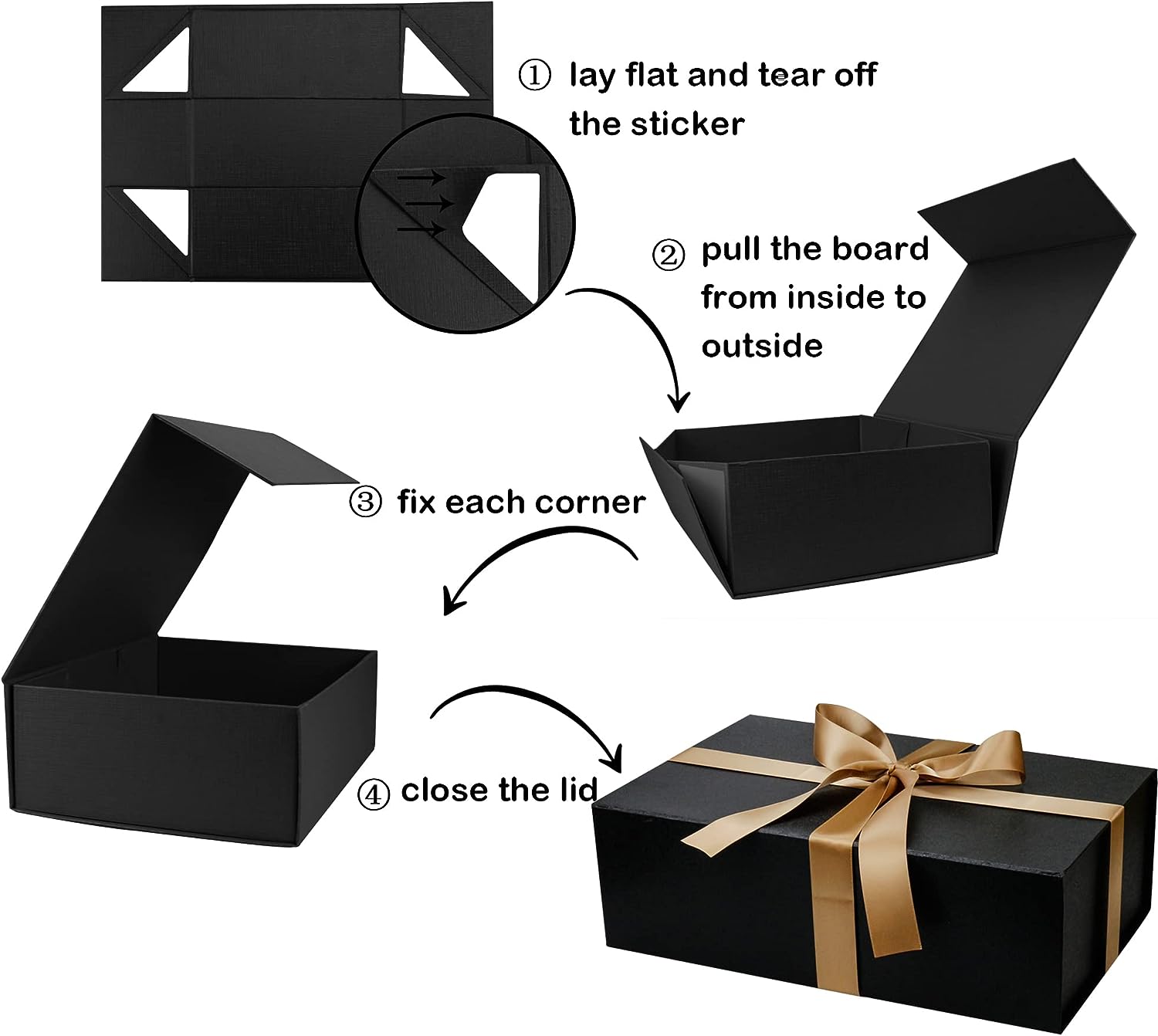 Large Gift Box with Lid, 14"x9"x4.5" Magnetic Gift Box with Ribbon, Cards and Envelopes for Presents, Great for Wedding, Birthdays, Crafting, Gift Packging (Black)