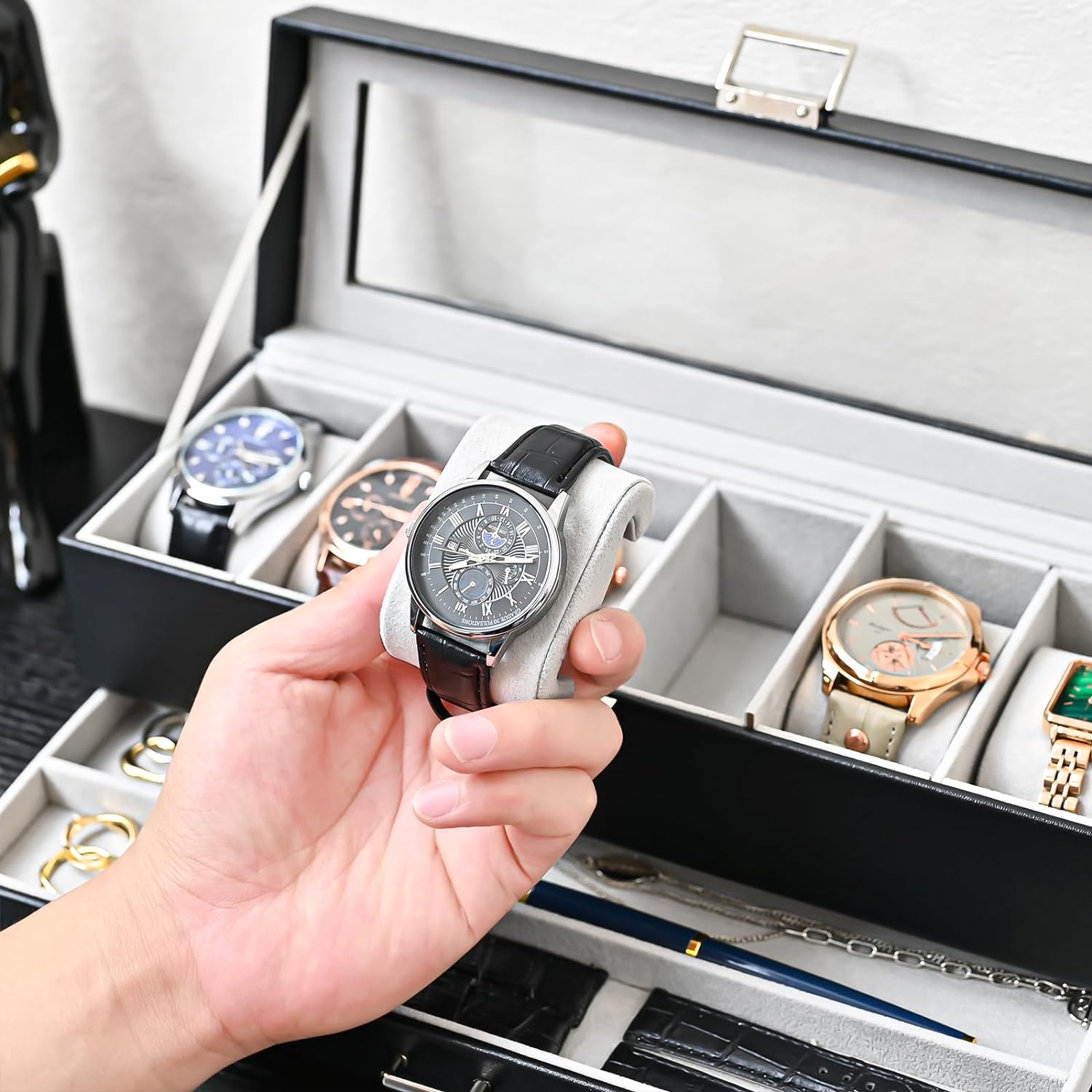 6 Slot Watch Display Case with Drawer, layer Jewelry and Watch Storage Case