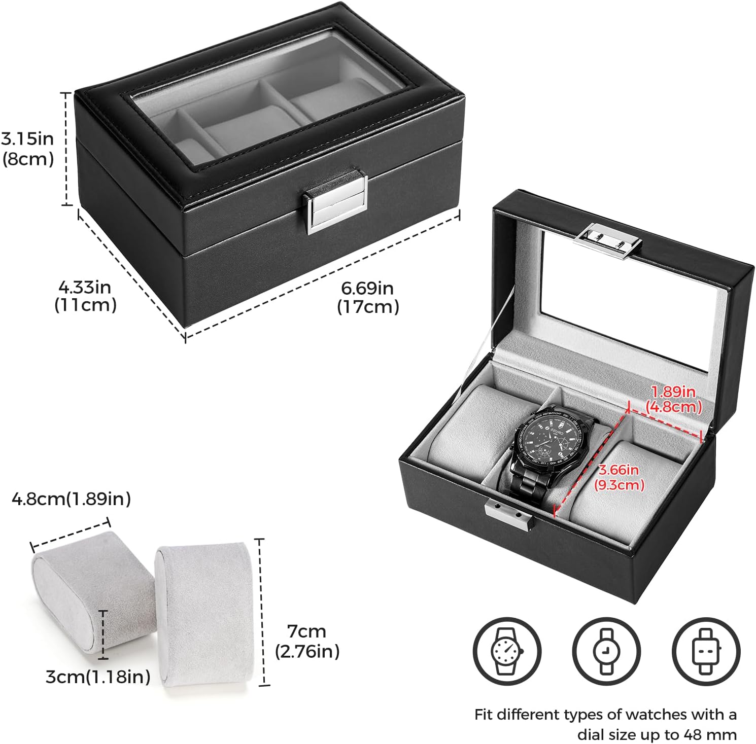 Watch Box for Men, 6 Slot Watch Display Case Mens Watch Box Organizer, PU Leather Watch Cases for Men Watch Storage, Valentines Gift Watch Holder Organizer with Glass Lid -6 Slot,