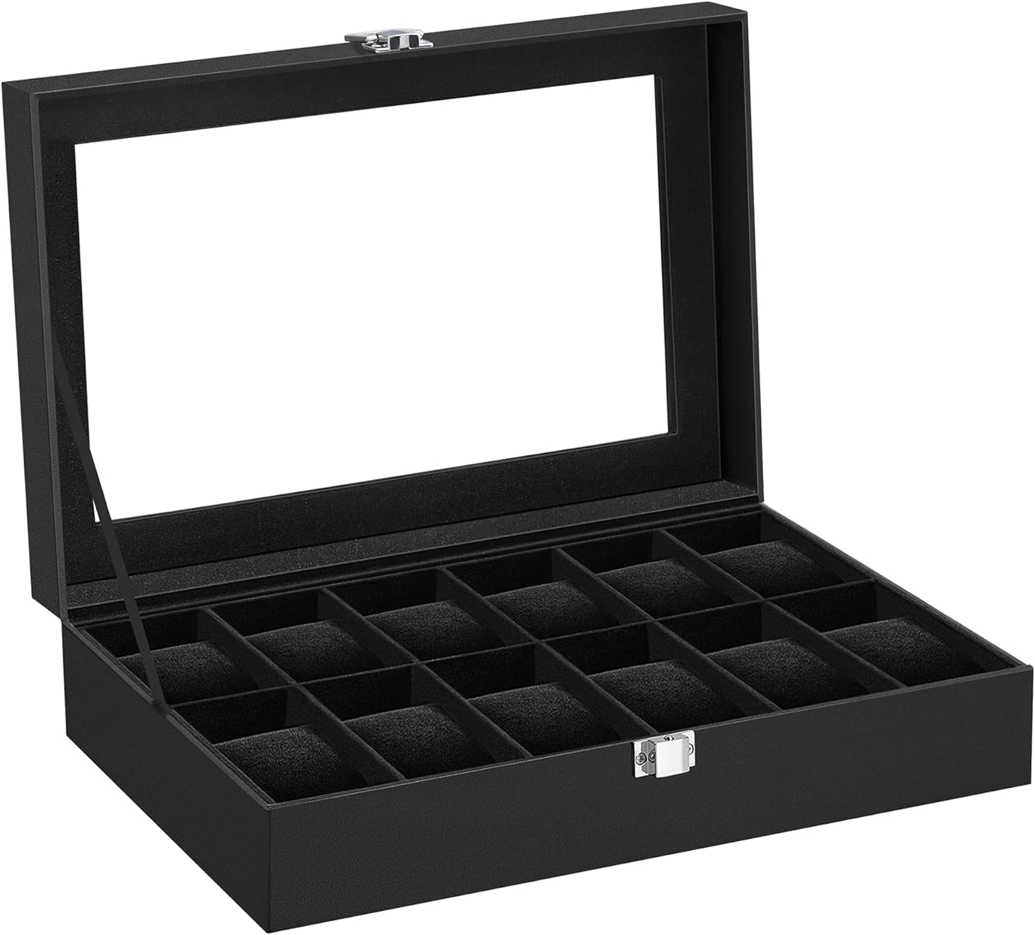 12-Slot Black Synthetic Leather Watch Box with Large Glass Lid and Removable Watch Pillows