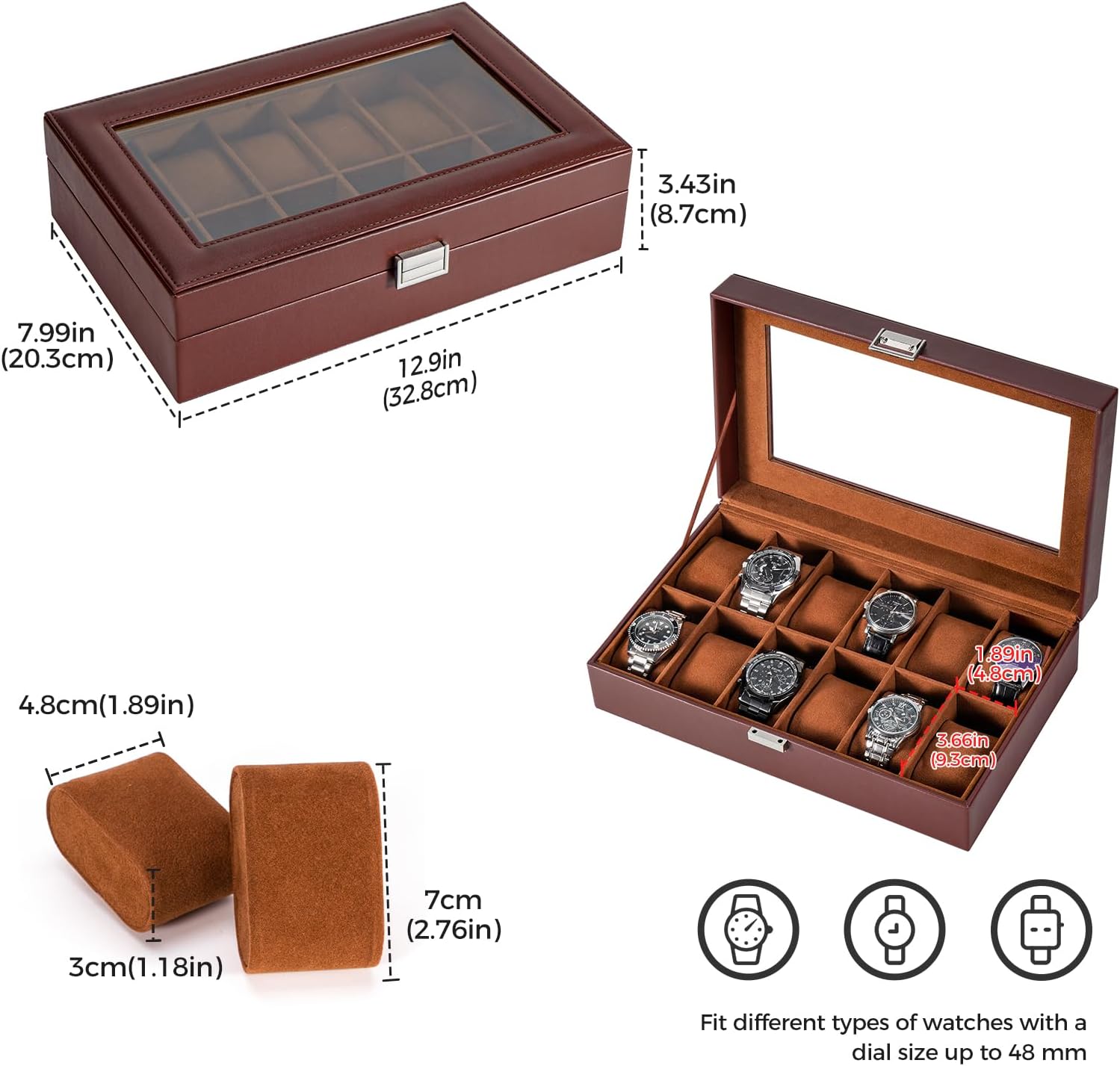 Watch Box for Men, 6 Slot Watch Display Case Mens Watch Box Organizer, PU Leather Watch Cases for Men Watch Storage, Valentines Gift Watch Holder Organizer with Glass Lid -6 Slot,