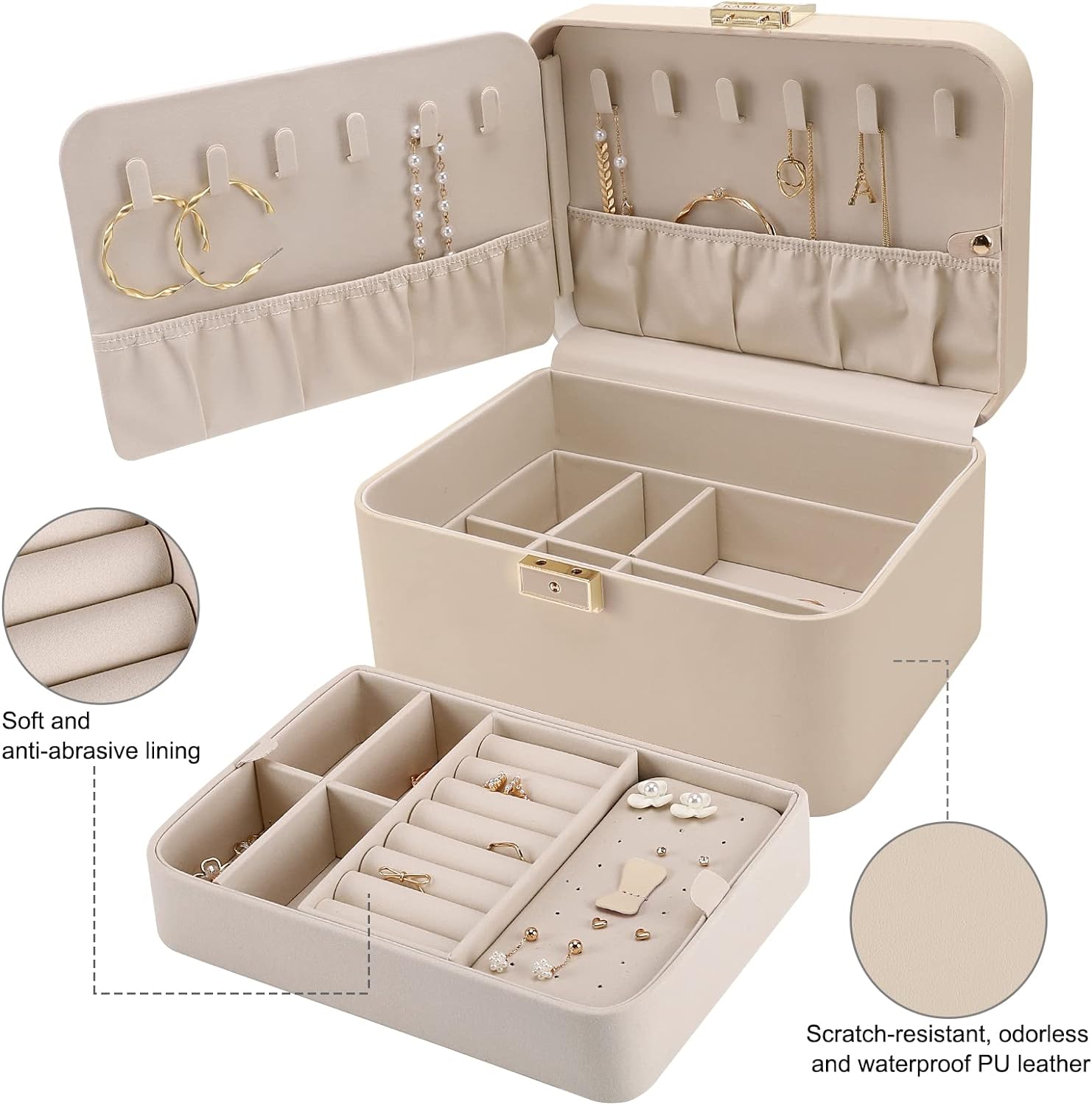 2 Layer Jewelry Organizer Box ,Luxury Leather & Soft Velvet Lined