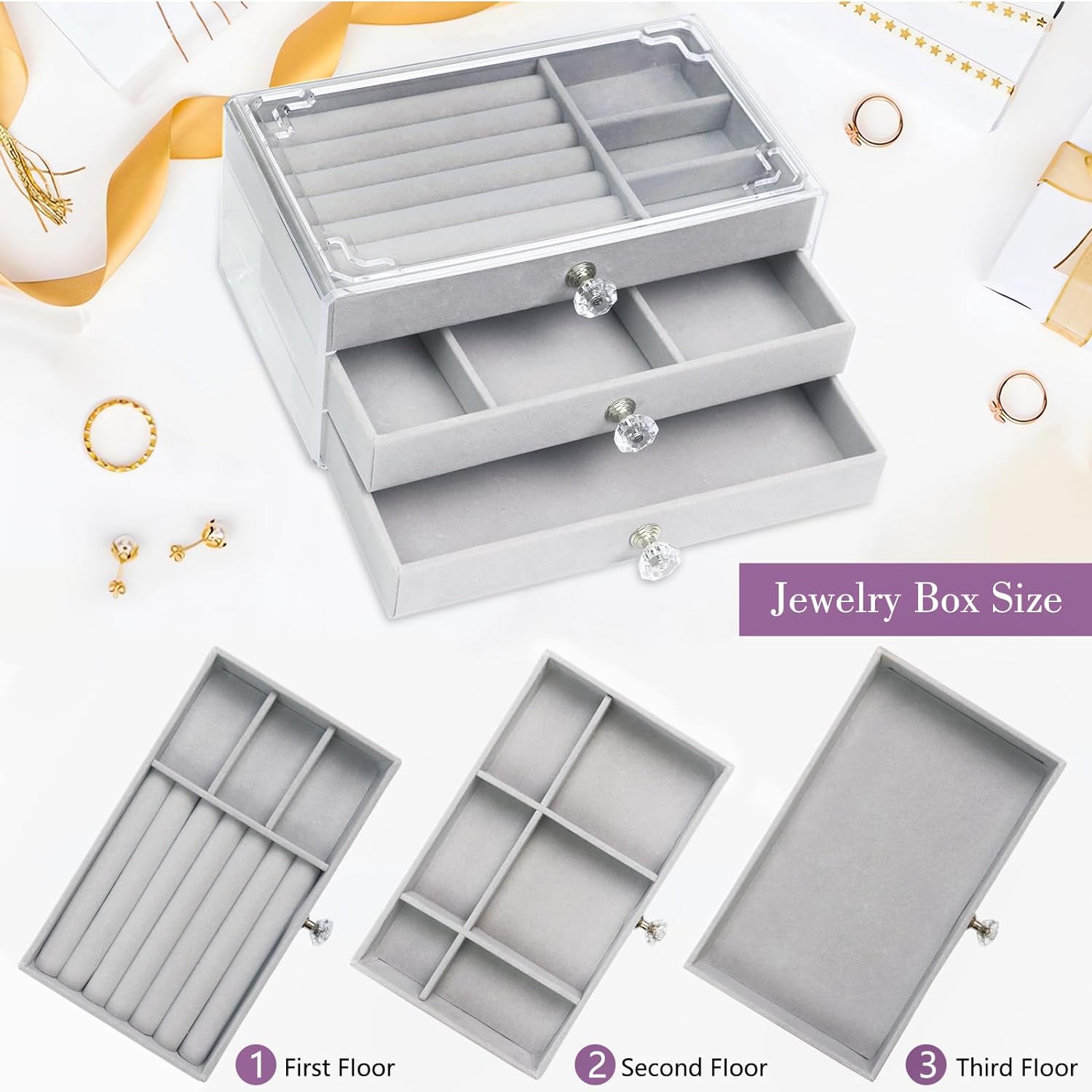 Jewelry Organizer Box with 3 Drawers, Acrylic Stackable Jewelry Holder with Adjustable Velvet Trays