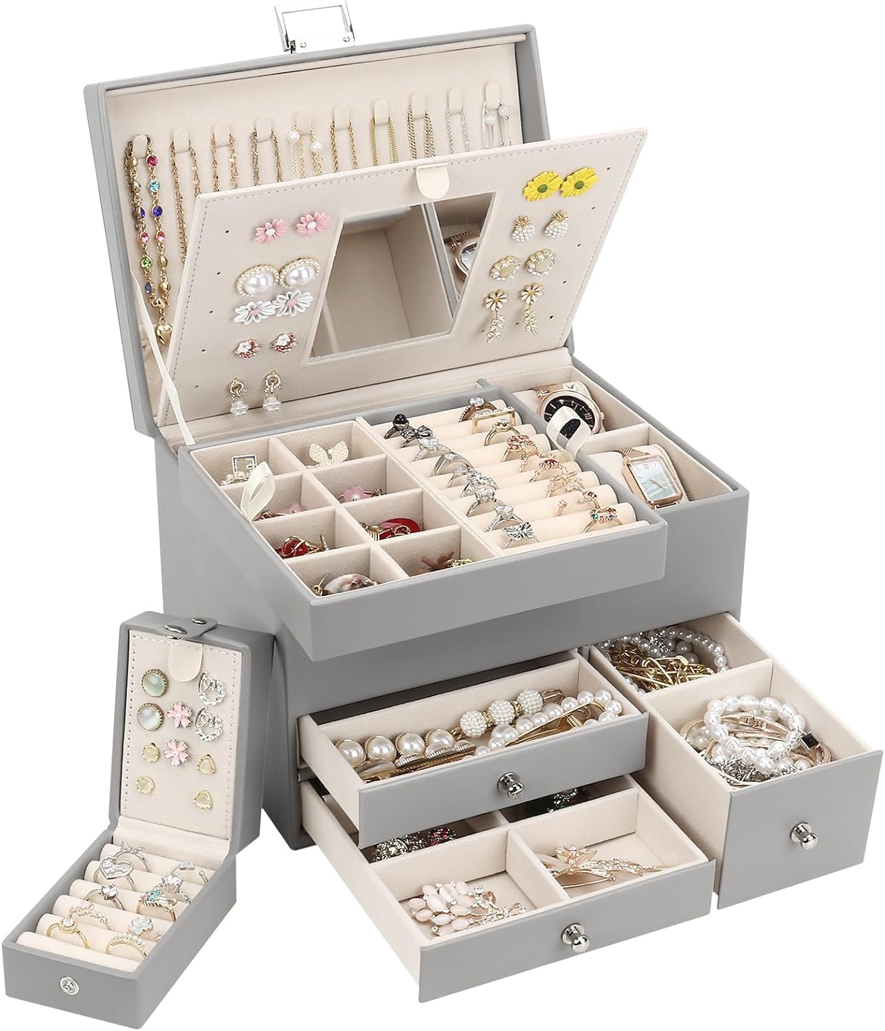 Jewelry Organizer Box, 3 Layers Large Jewelry Box with Travel Jewelry Case And Removable Tray