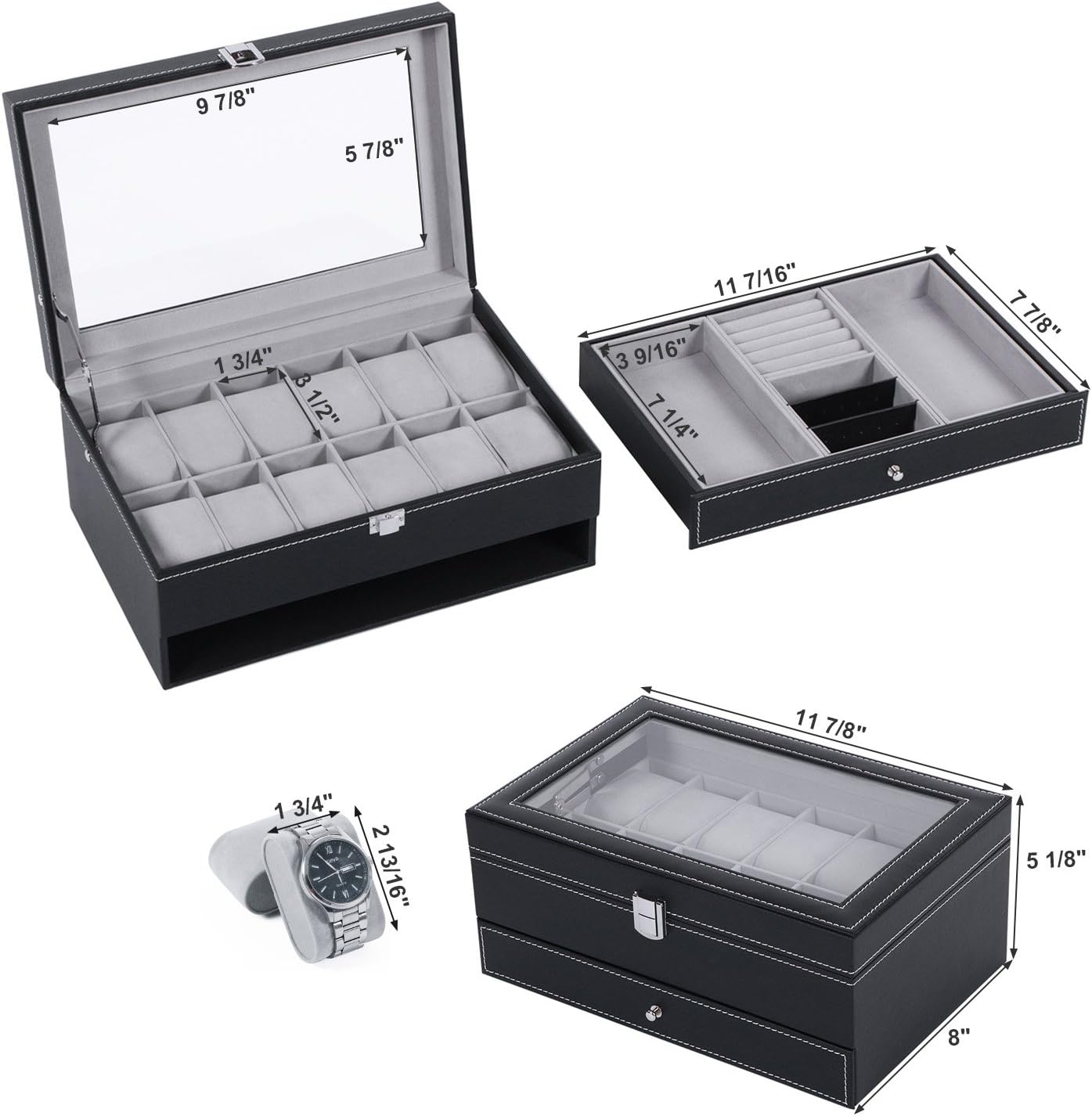 Watch Box Organizer with Valet Drawer - Real Glass Top, Adjustable Tray, Metal Hinge, Carbon Fiber Design - 12 Slots Watch Storage Case for Men