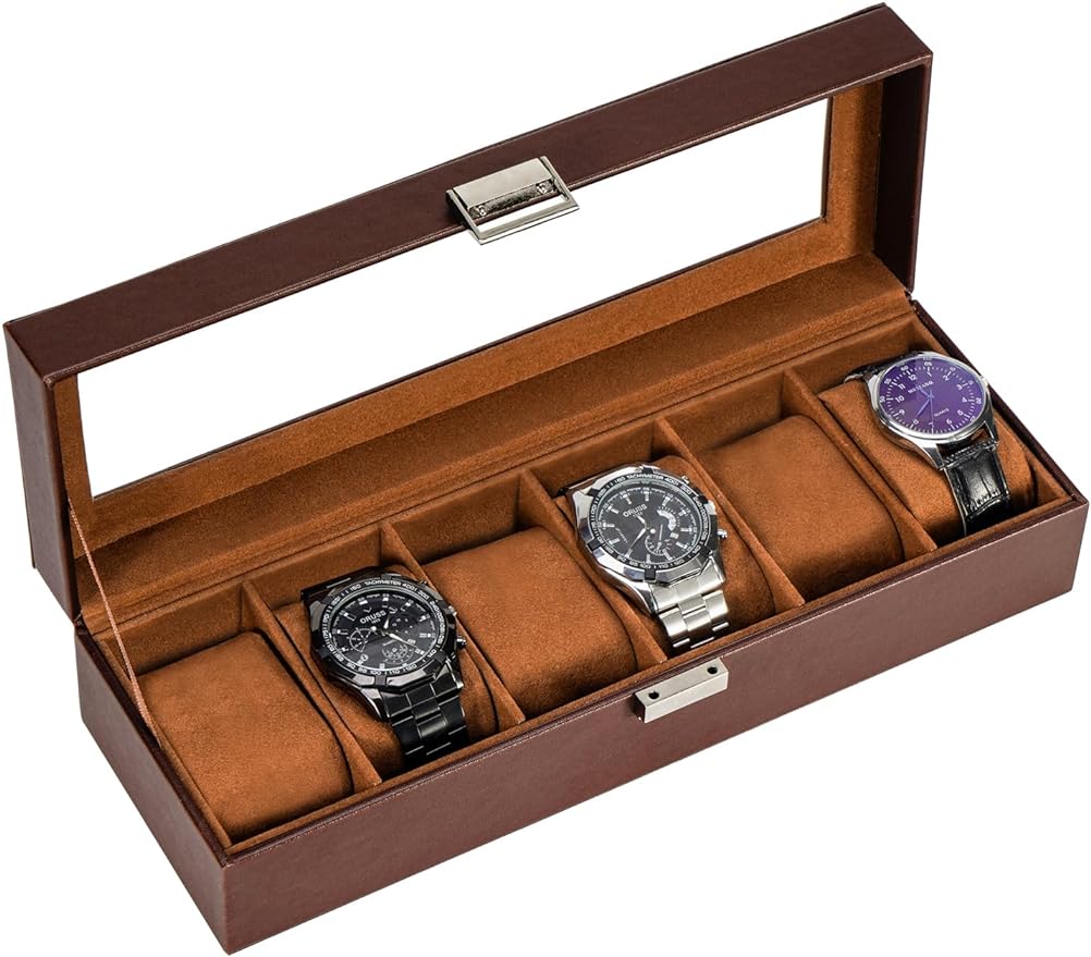 Watch Box for Men, 6 Slot Watch Display Case Mens Watch Box Organizer, PU Leather Watch Cases for Men Watch Storage, Valentines Gift Watch Holder Organizer with Glass Lid -6 Slot,