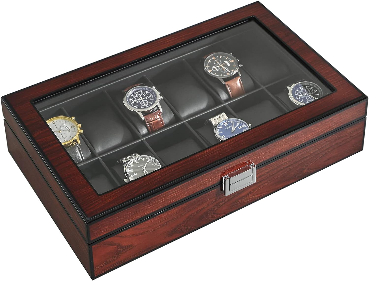 Watch Box 12 Slots PU Leather Watch Case for Men - Jewelry Display Drawer Case with Glass Top,Smooth Velvet Lining