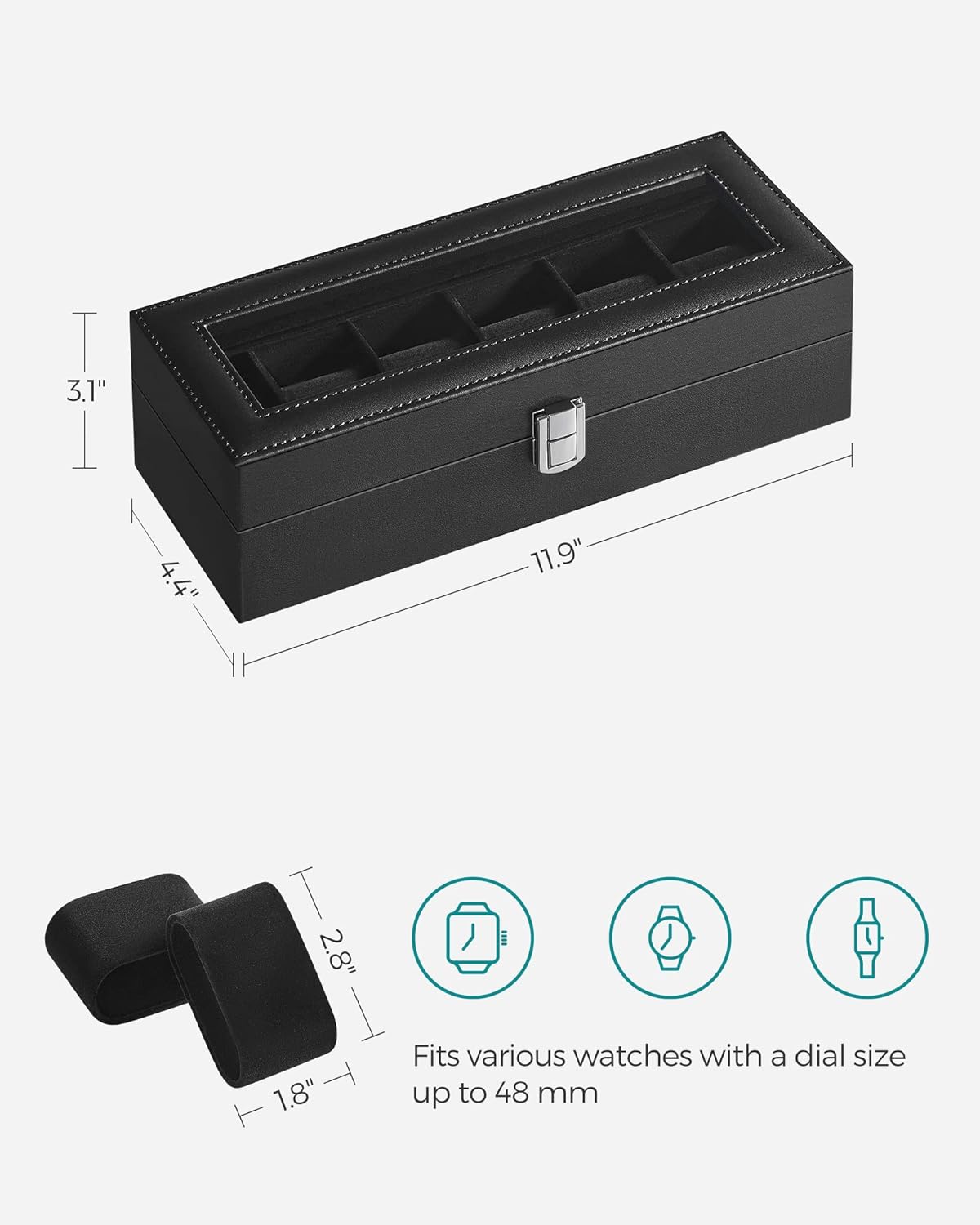 12-Slot Black Synthetic Leather Watch Box with Large Glass Lid and Removable Watch Pillows