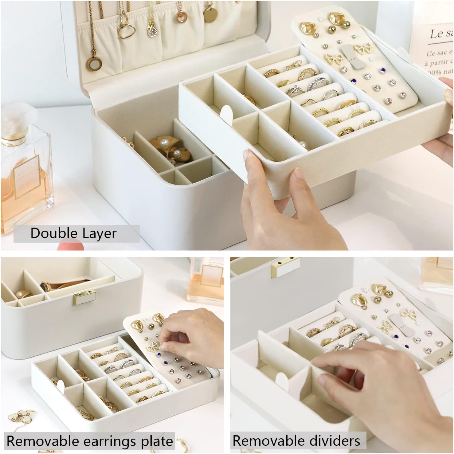 2 Layer Jewelry Organizer Box ,Luxury Leather & Soft Velvet Lined