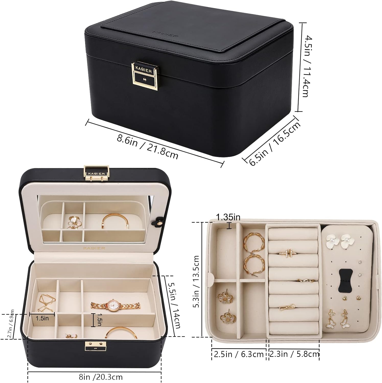 2 Layer Jewelry Organizer Box ,Luxury Leather & Soft Velvet Lined