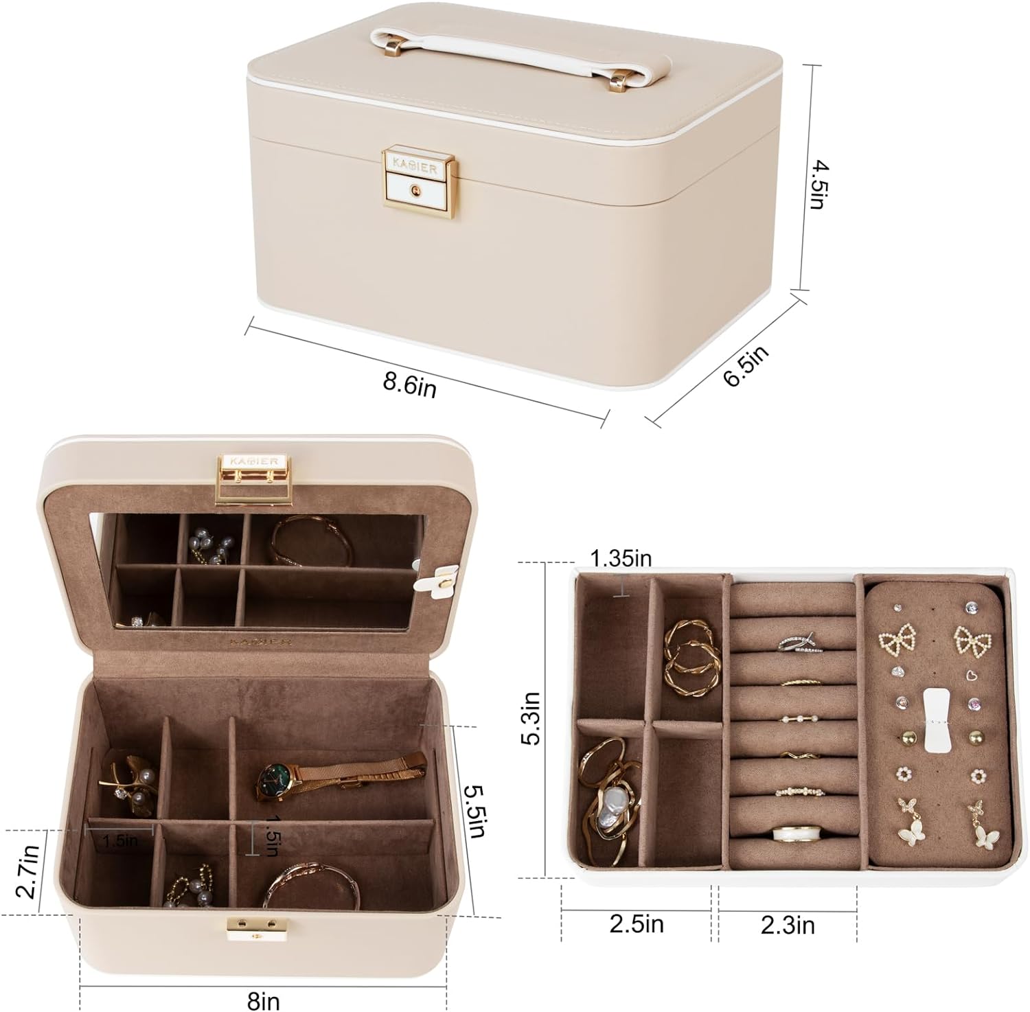 2 Layer Jewelry Organizer Box ,Luxury Leather & Soft Velvet Lined