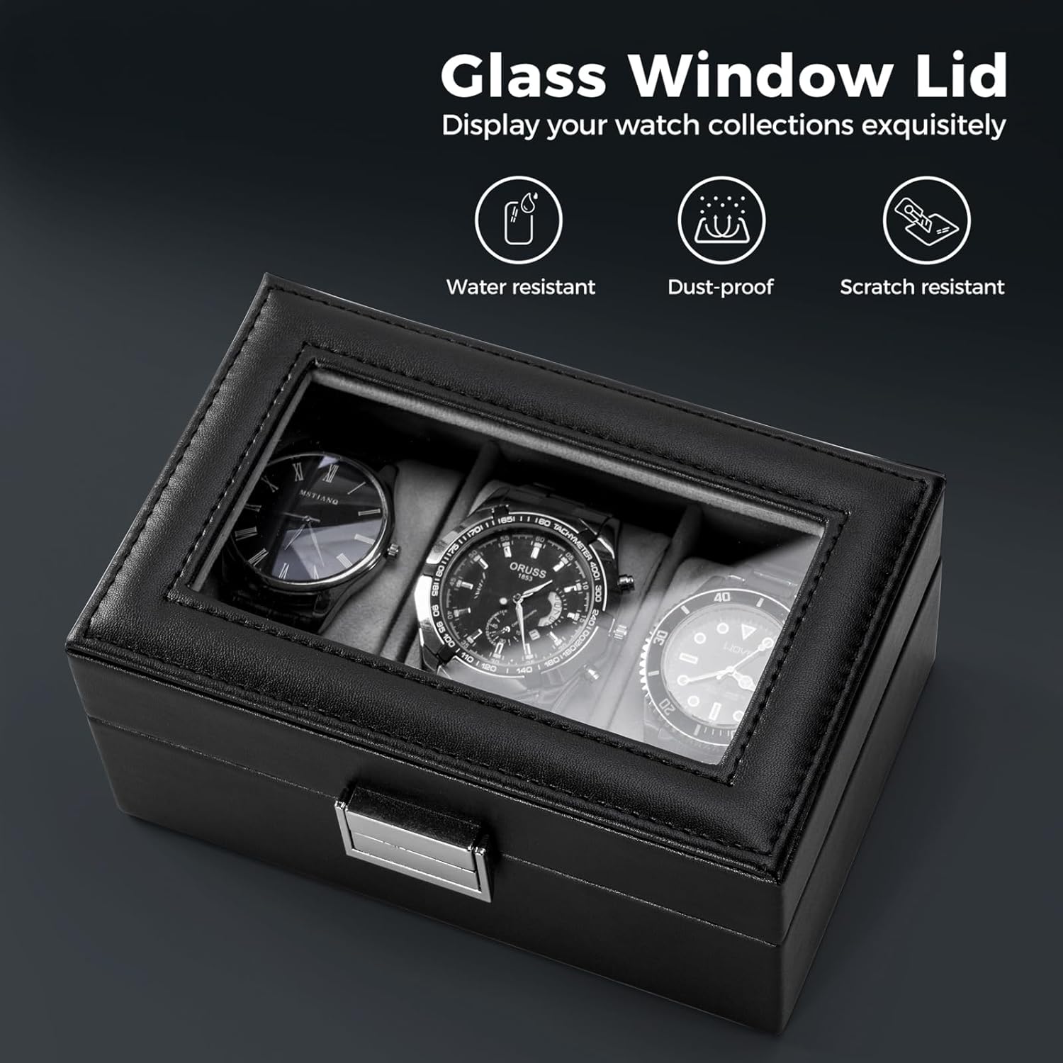 Watch Box for Men, 6 Slot Watch Display Case Mens Watch Box Organizer, PU Leather Watch Cases for Men Watch Storage, Valentines Gift Watch Holder Organizer with Glass Lid -6 Slot,