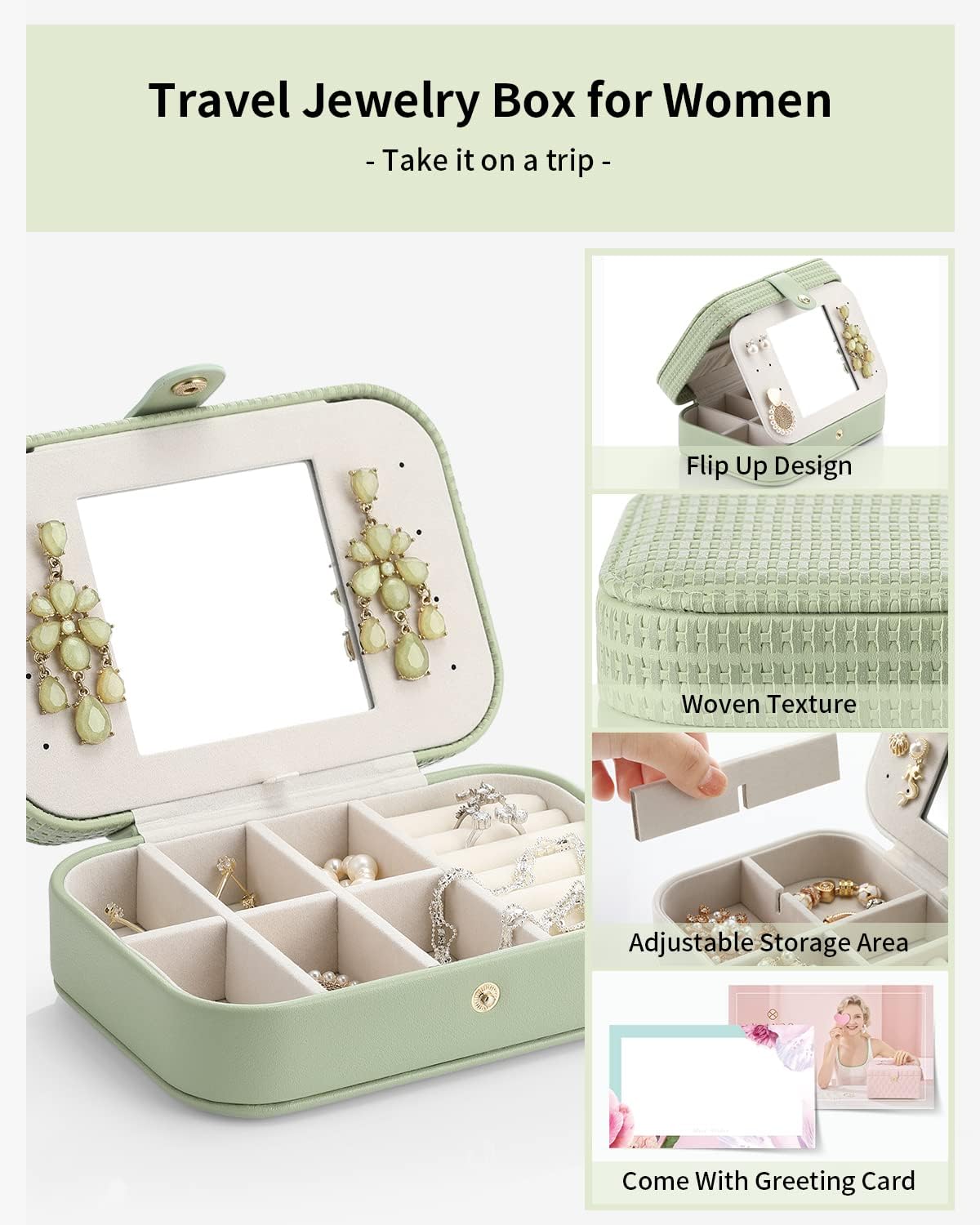 Travel Jewelry Case Box Women PU Leather 2 Layer Jewelry Organizer Holder for Necklace Earring Rings-Green