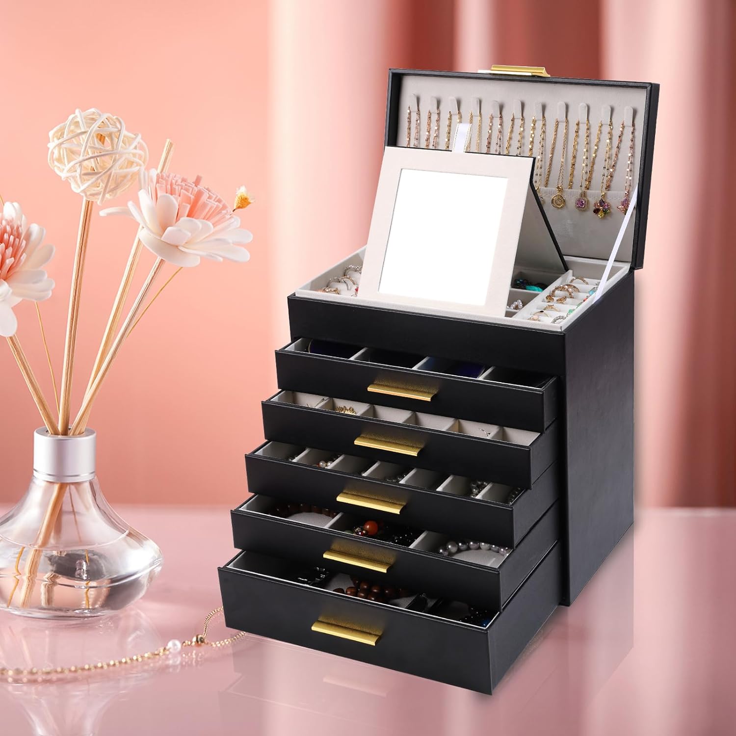 Large Jewelry Box Organizer - 6 Layer Jewelry Holder Organizer with Mirror