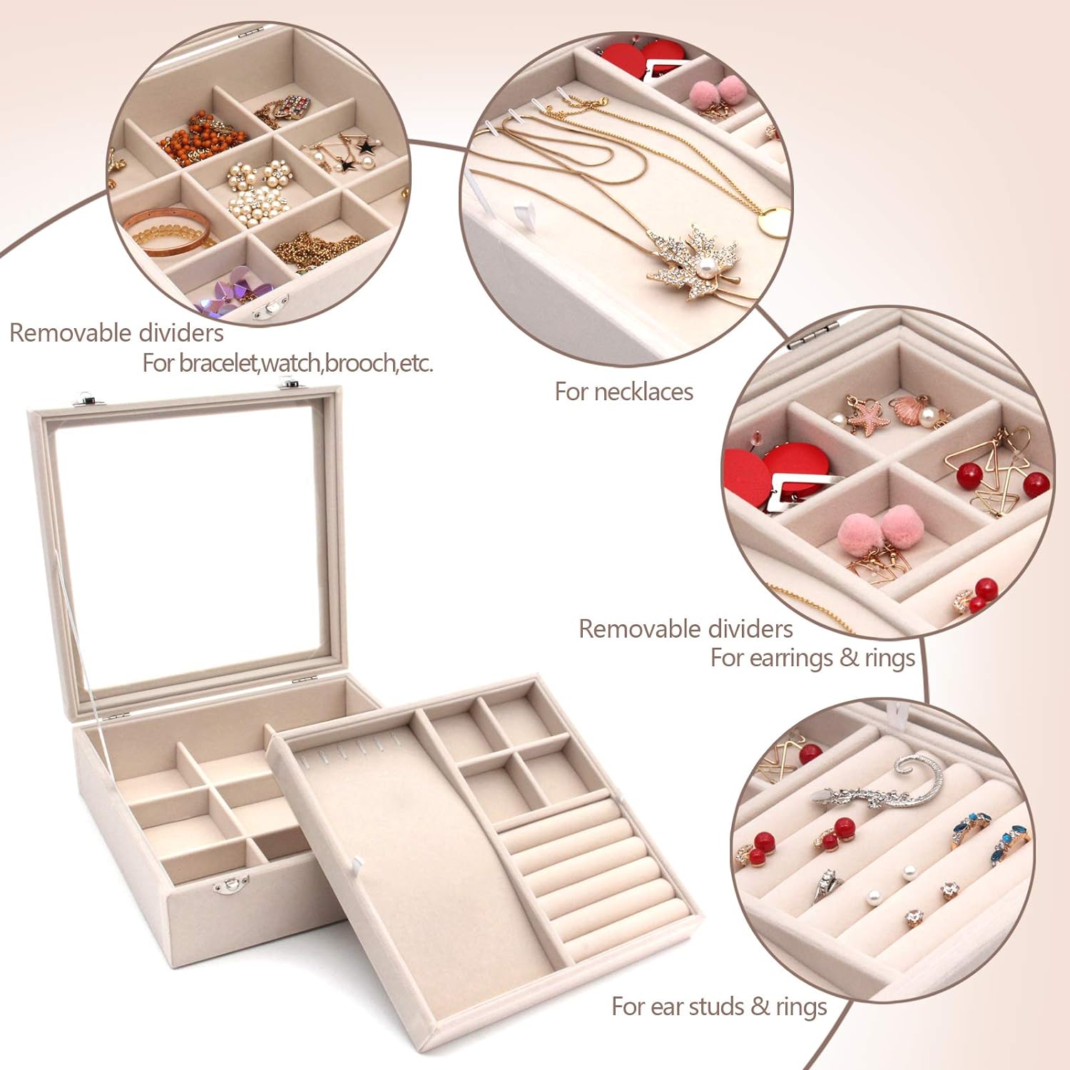 Jewelry Box with Glass Lid Two-Layer Jewelry Box Organizer Display Storage case