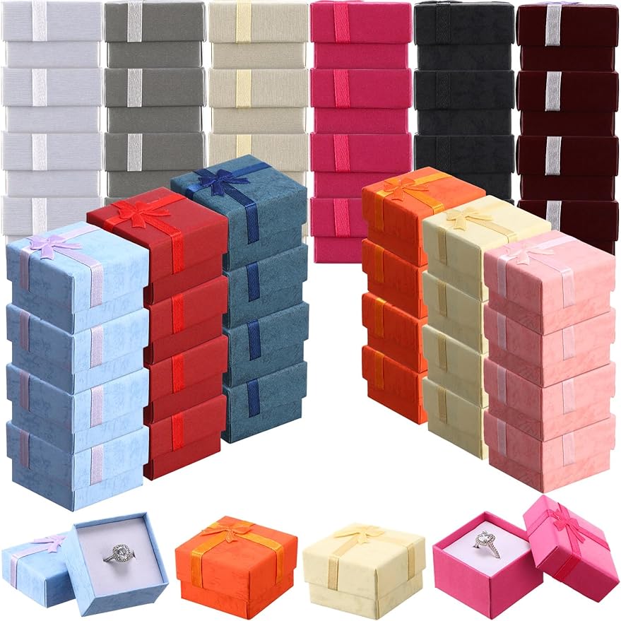 12 Colors Assorted Jewelry Gifts Boxes with Bowknot 2" x 2" Ring Gift Box Set Cardboard Ring Box Small Jewelry Storage Cube for Christmas Anniversaries Birthdays Weddings