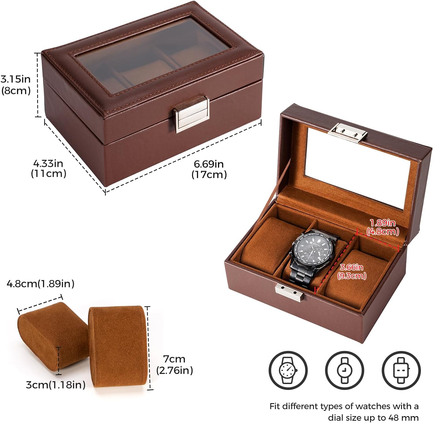 Watch Box for Men, 6 Slot Watch Display Case Mens Watch Box Organizer, PU Leather Watch Cases for Men Watch Storage, Valentines Gift Watch Holder Organizer with Glass Lid -6 Slot,