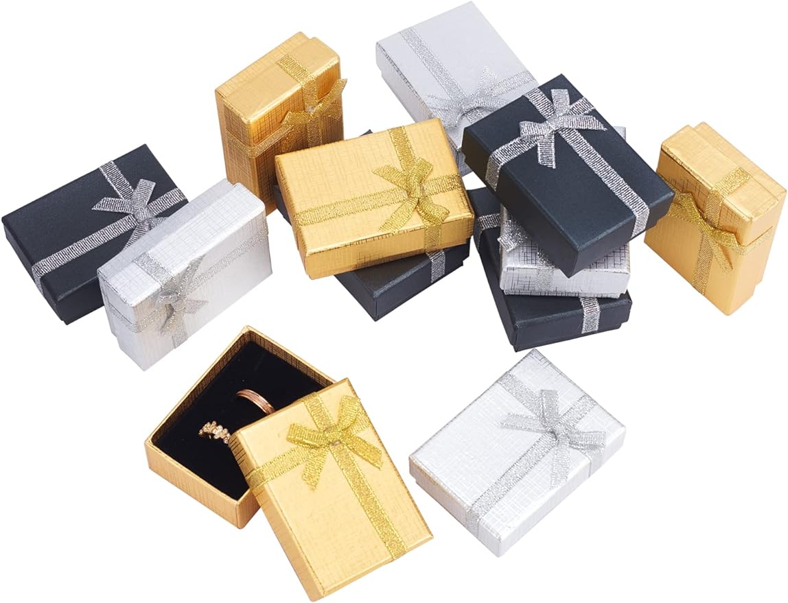 Jewelry Gift Box Set 12Pcs 2.7x2x1 Inch Cardboard Paper Jewelry Boxes Gift Cases with Ribbon Bowknot for Earring Jewelry Rings Pendant Necklaces Bracelet Packaging Box Golden Silver Black