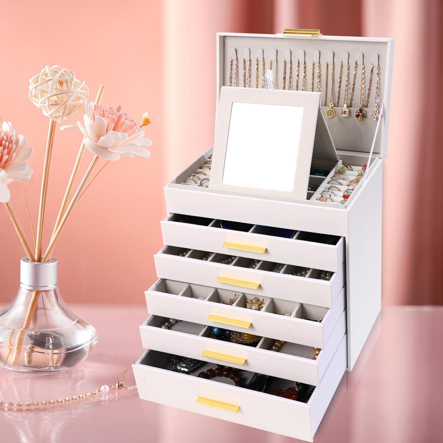 Large Jewelry Box Organizer - 6 Layer Jewelry Holder Organizer with Mirror