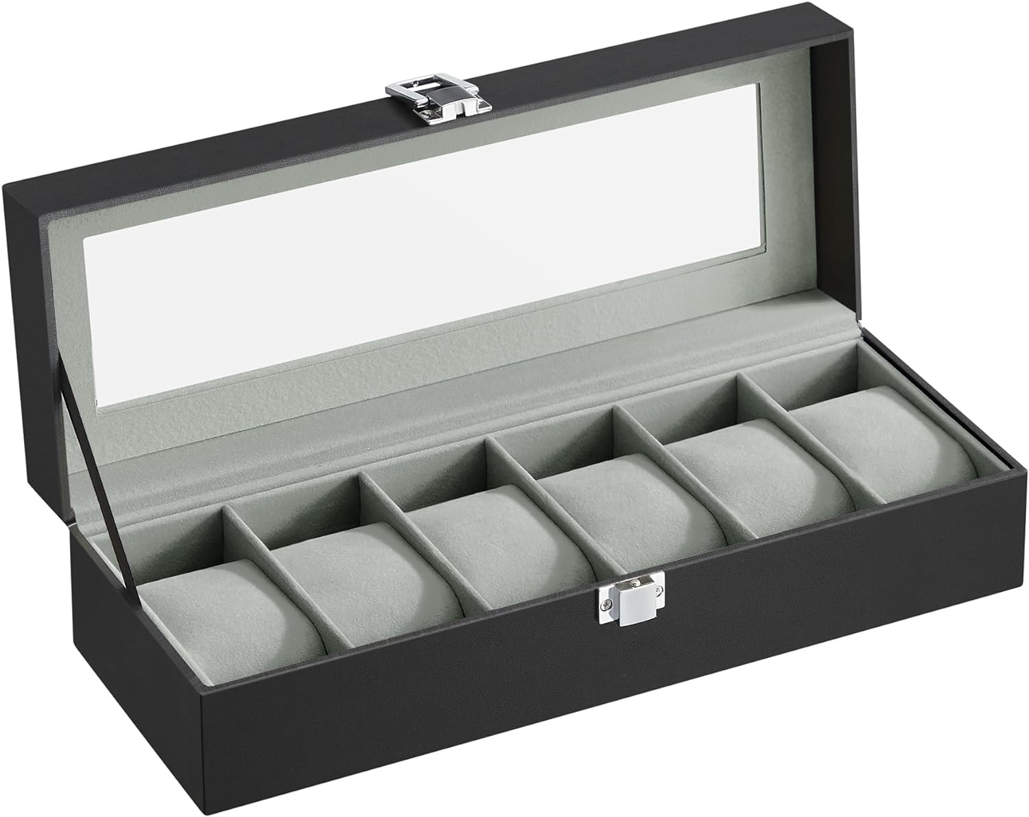 12-Slot Black Synthetic Leather Watch Box with Large Glass Lid and Removable Watch Pillows