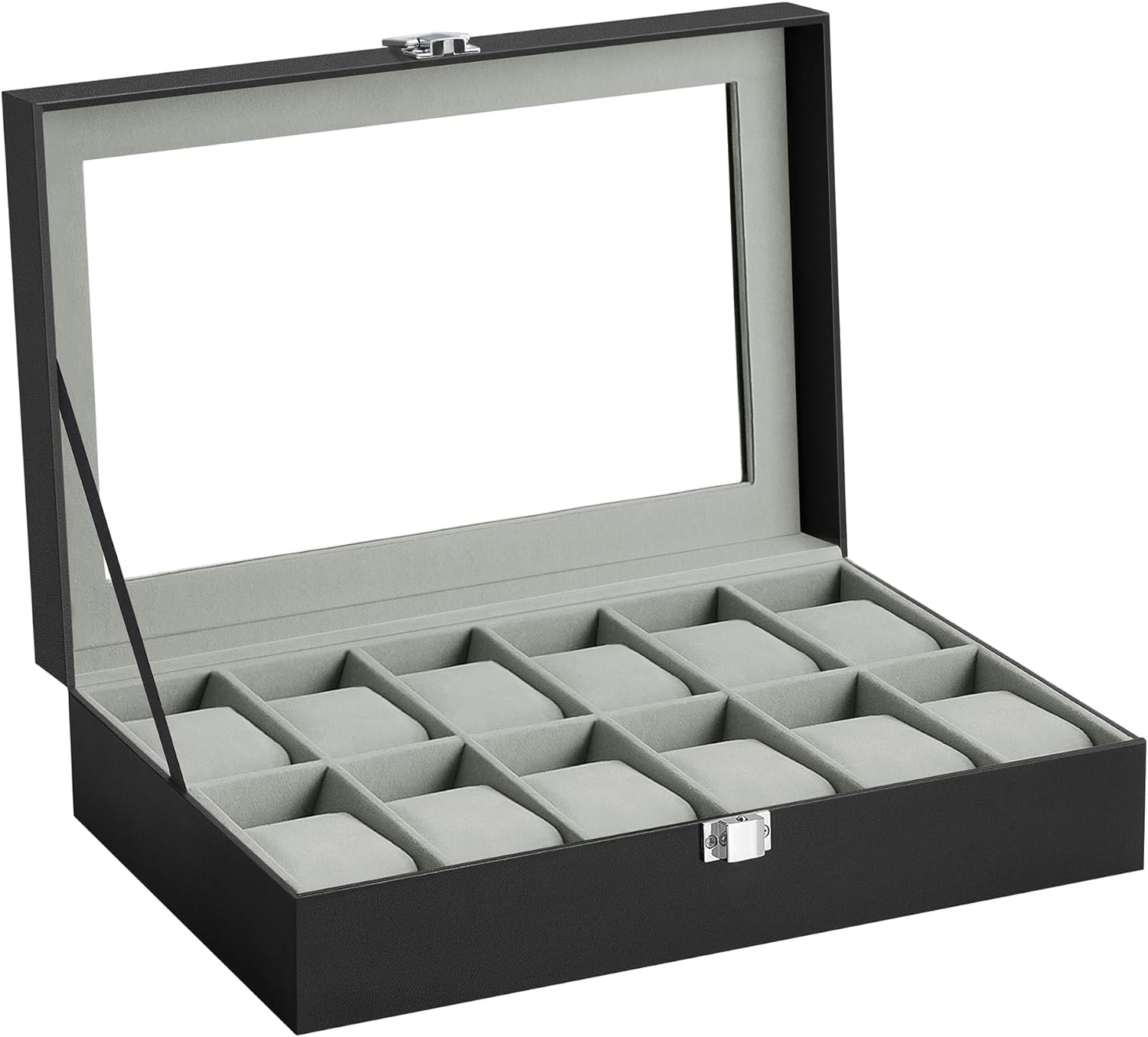 12-Slot Black Synthetic Leather Watch Box with Large Glass Lid and Removable Watch Pillows