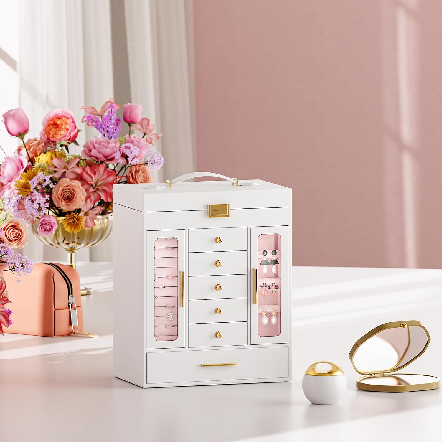 Jewelry Box, Jewelry Organizer Box, Top Lid with Mirror, Removable Drawers, 10.2" L x 6.5" W x 12.6" H, Birthday Gift, for Yourself or Your Loved Ones, White