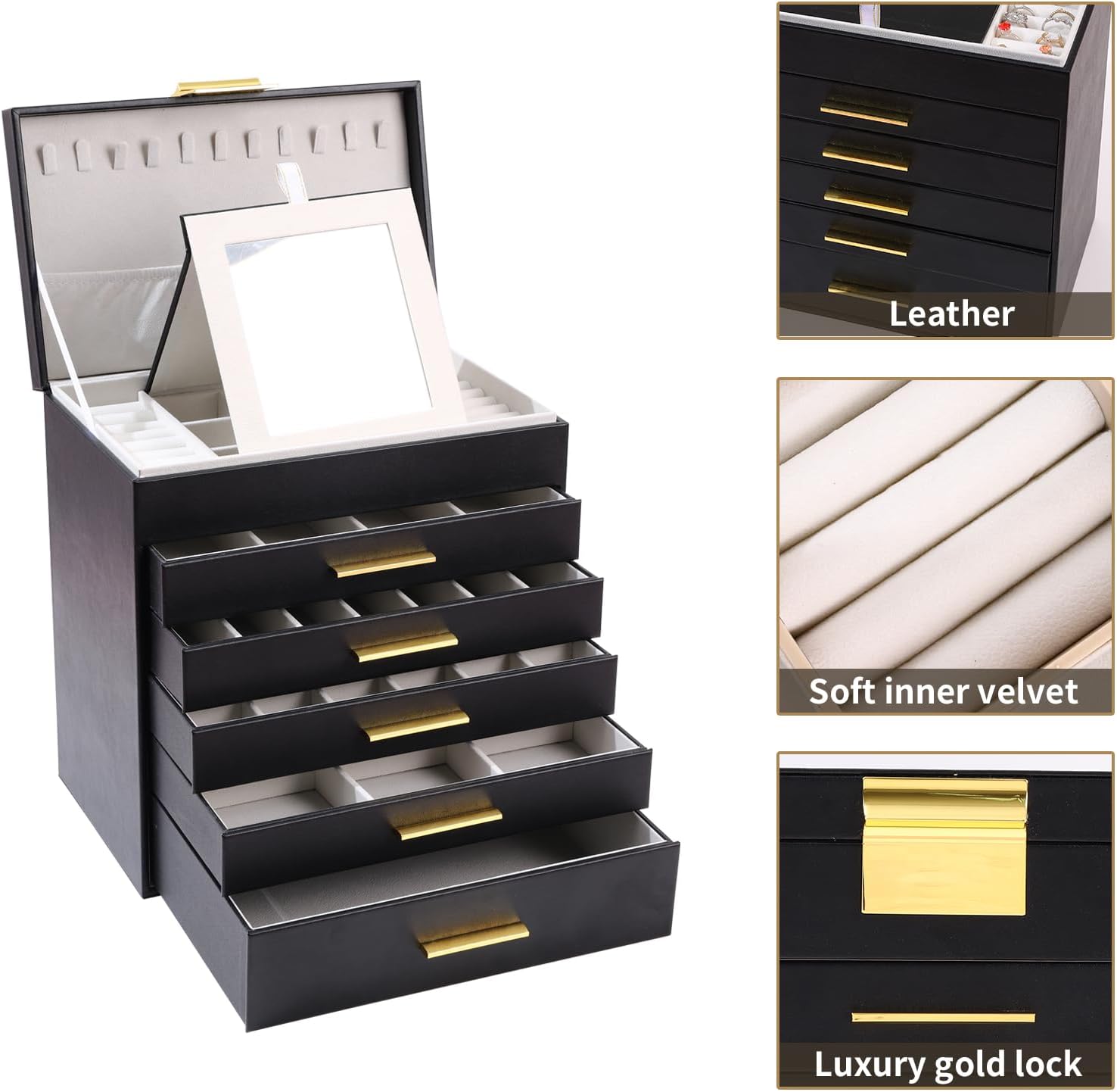 Large Jewelry Box Organizer - 6 Layer Jewelry Holder Organizer with Mirror