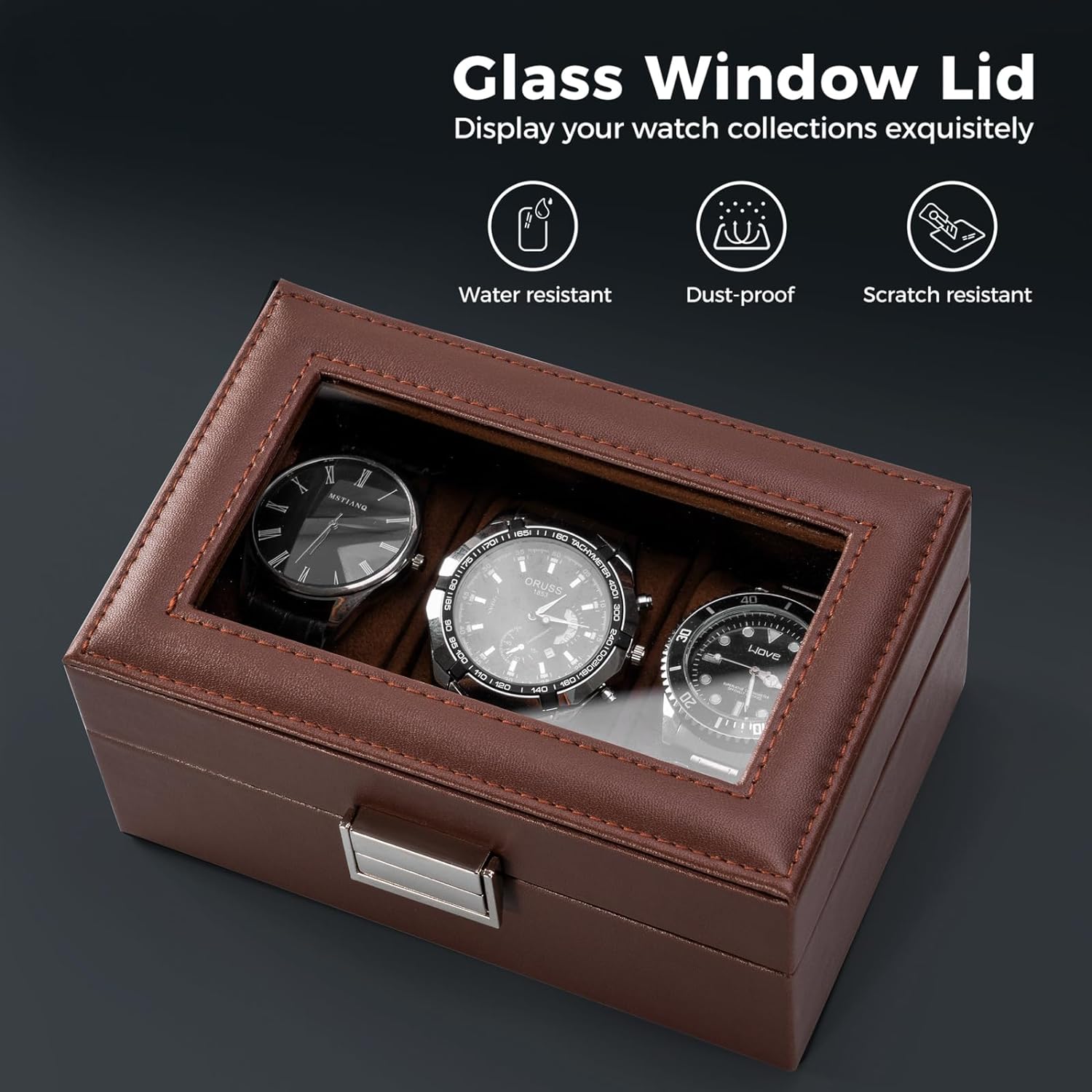 Watch Box for Men, 6 Slot Watch Display Case Mens Watch Box Organizer, PU Leather Watch Cases for Men Watch Storage, Valentines Gift Watch Holder Organizer with Glass Lid -6 Slot,