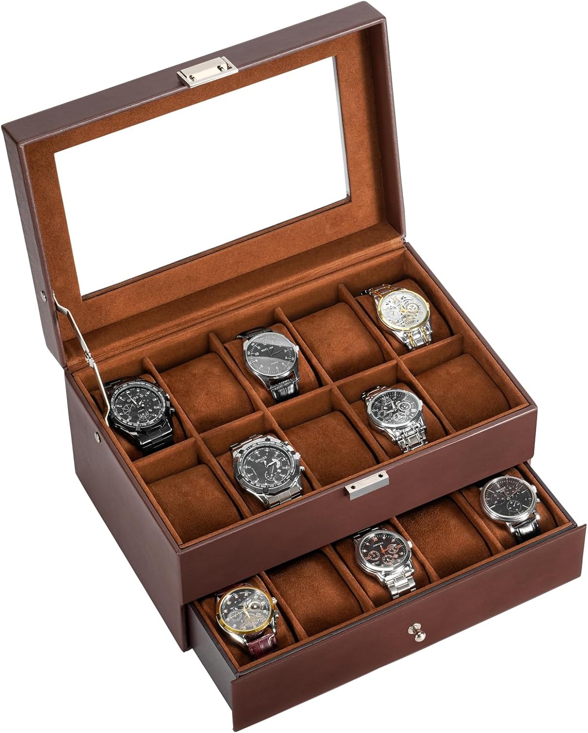 Watch Box for Men, 6 Slot Watch Display Case Mens Watch Box Organizer, PU Leather Watch Cases for Men Watch Storage, Valentines Gift Watch Holder Organizer with Glass Lid -6 Slot,