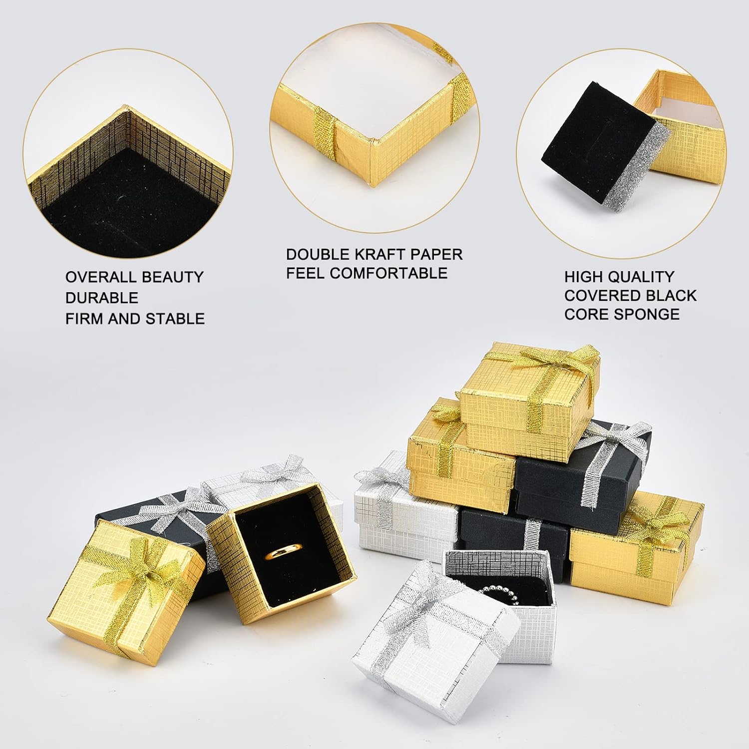 Jewelry Gift Box Set 12Pcs 2.7x2x1 Inch Cardboard Paper Jewelry Boxes Gift Cases with Ribbon Bowknot for Earring Jewelry Rings Pendant Necklaces Bracelet Packaging Box Golden Silver Black