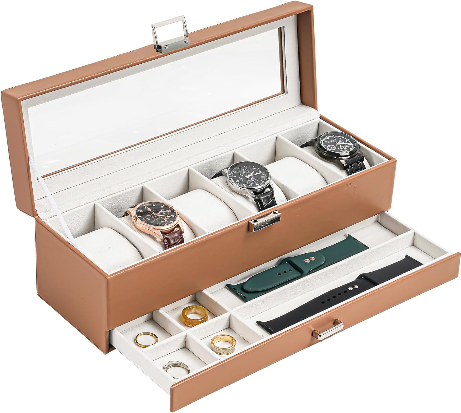 6 Slot Watch Display Case with Drawer, layer Jewelry and Watch Storage Case